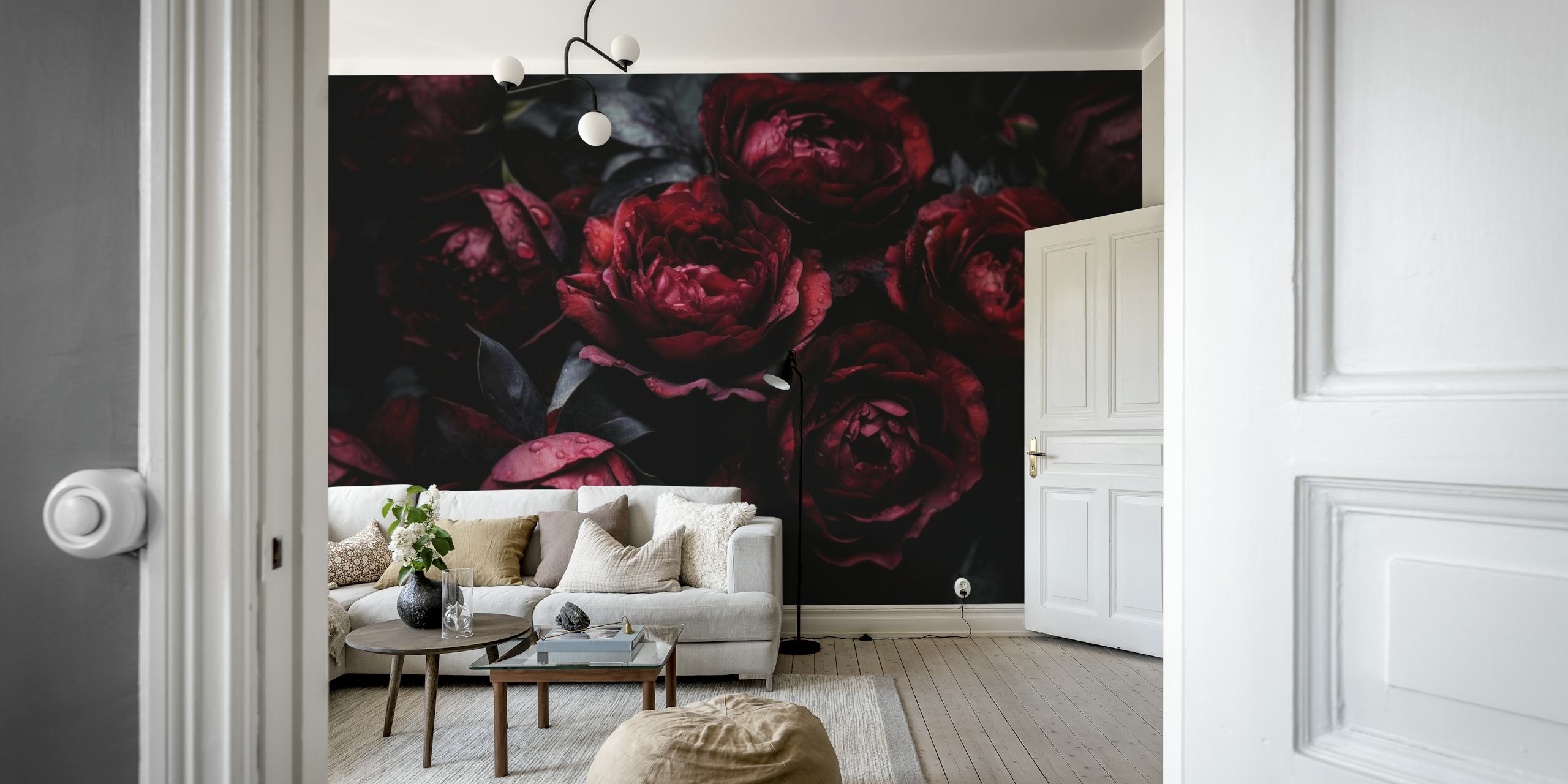 Opulent Moody Dark Burgundy Baroque Roses tapetdesign