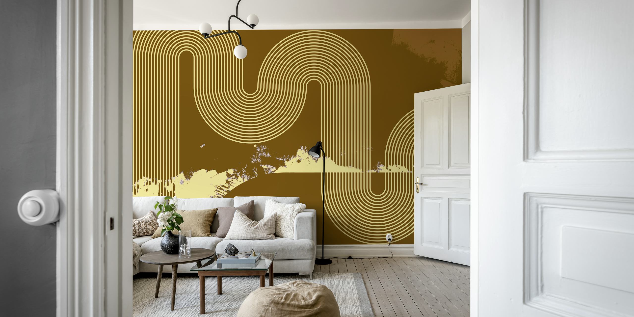 Ταπετσαρία Mid Century Modern Curvy Lines Ochre στο δωμάτιο