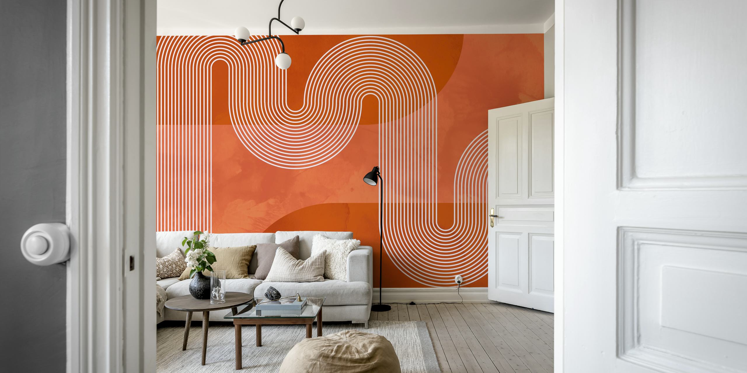 Curvy white lines on an orange background wallpaper