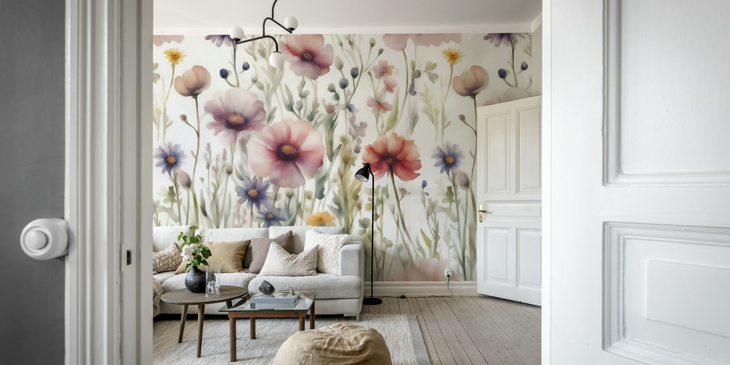 Bunte Blumen in zarten Pastellfarben auf weißem Hintergrund Wallpaper