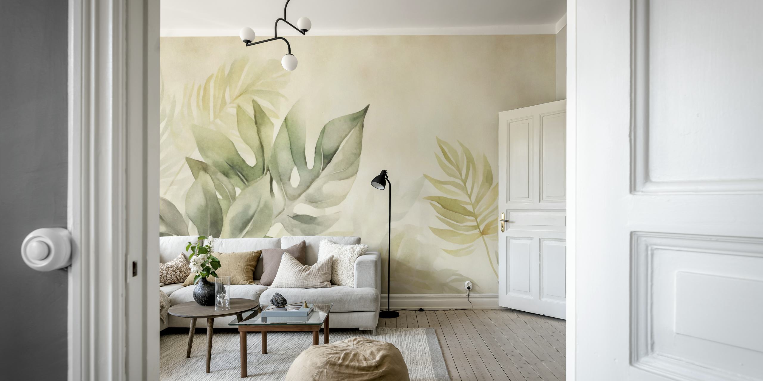 Gentle Leaf Tropical Whispers Beige Green wall mural with serene foliage