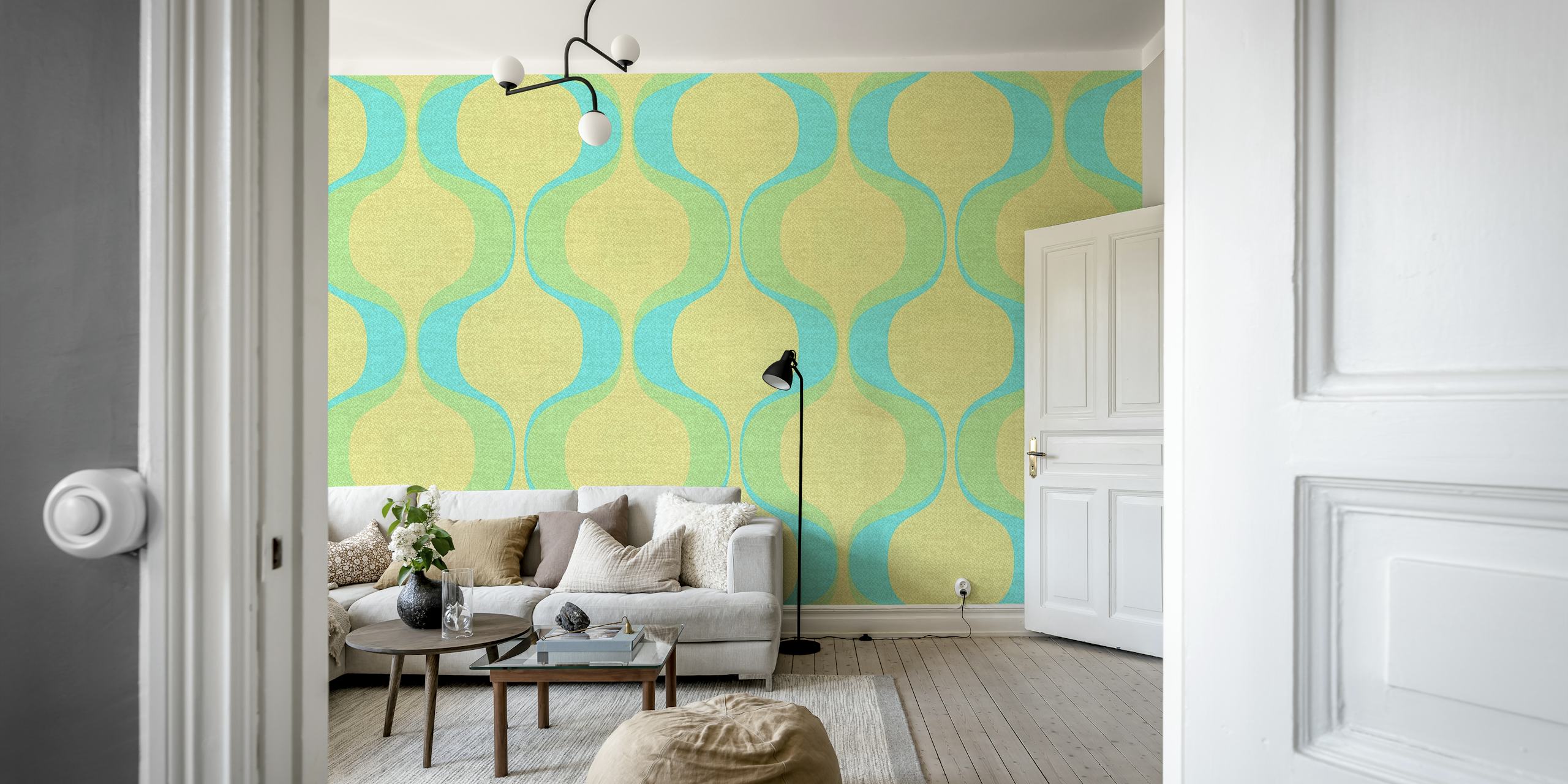 Retro 70s wall mural with turquoise and mustard geometric patterns on a linen textured background.