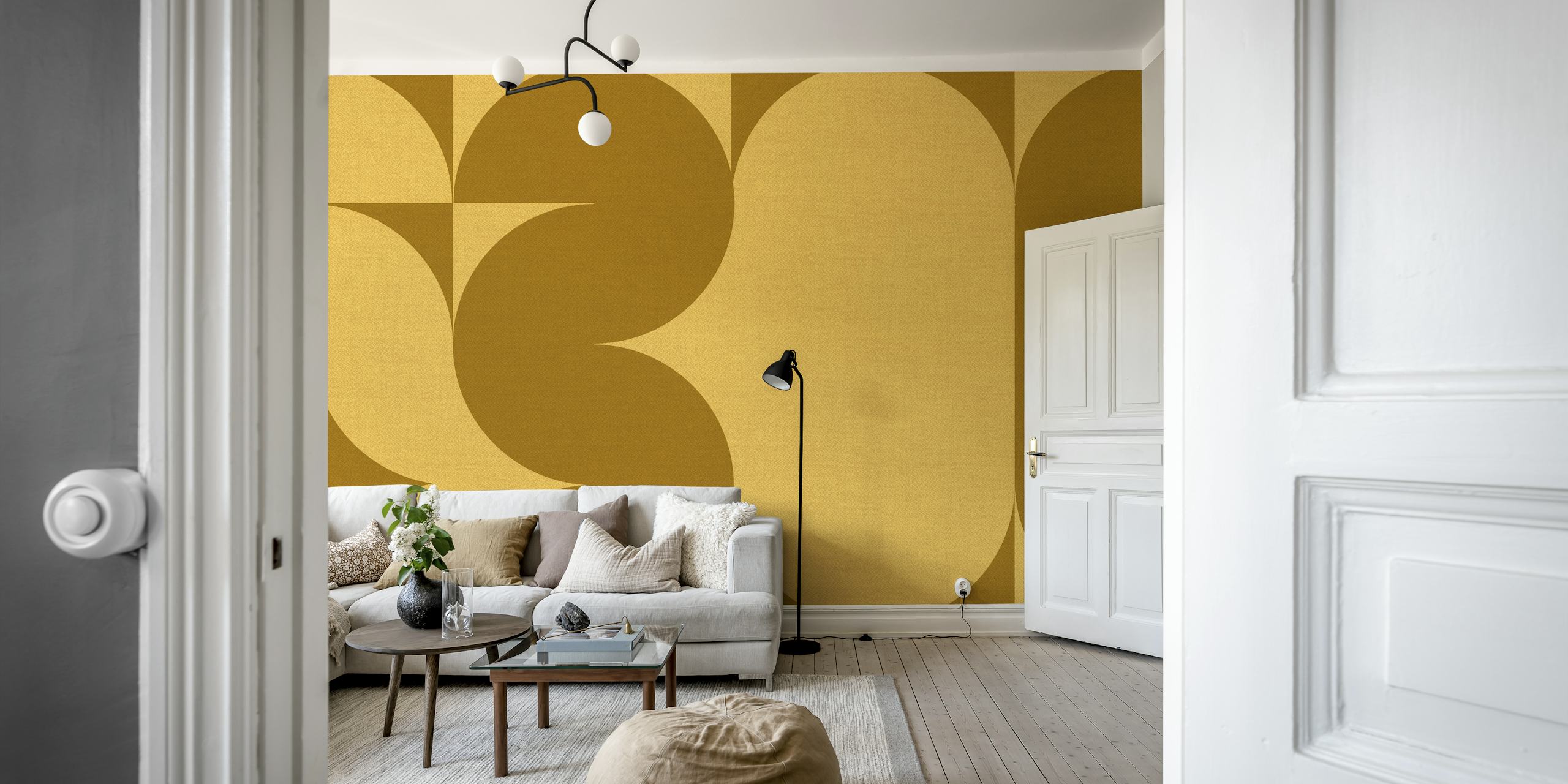 Minimalist retro wall mural with geometric shapes on a linen-textured background