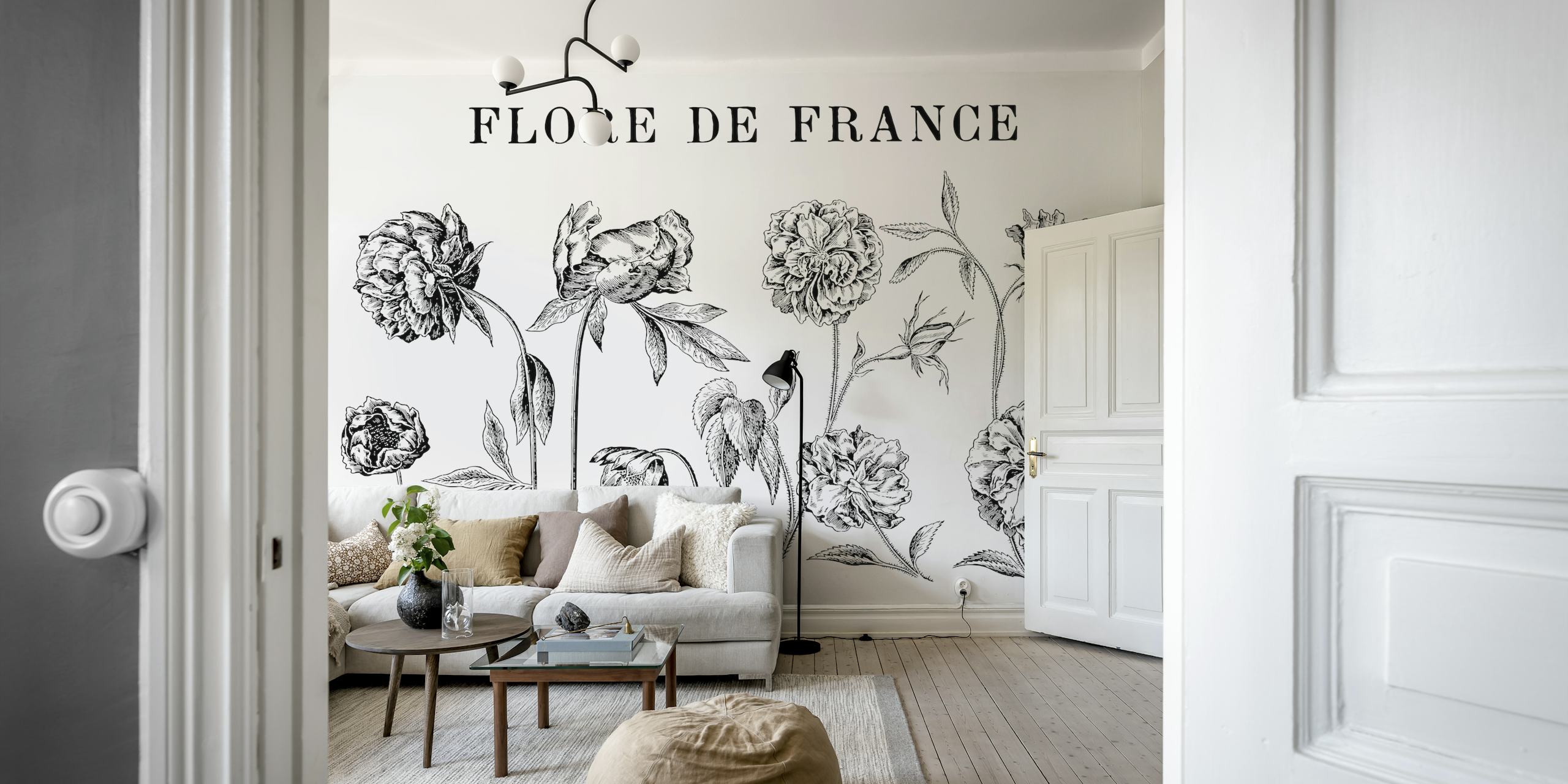 Mural De Pared Con Dibujos Botánicos En Blanco Y Negro Que Muestra Detalladas Obras De Arte Florales Históricas Tituladas Flore De France