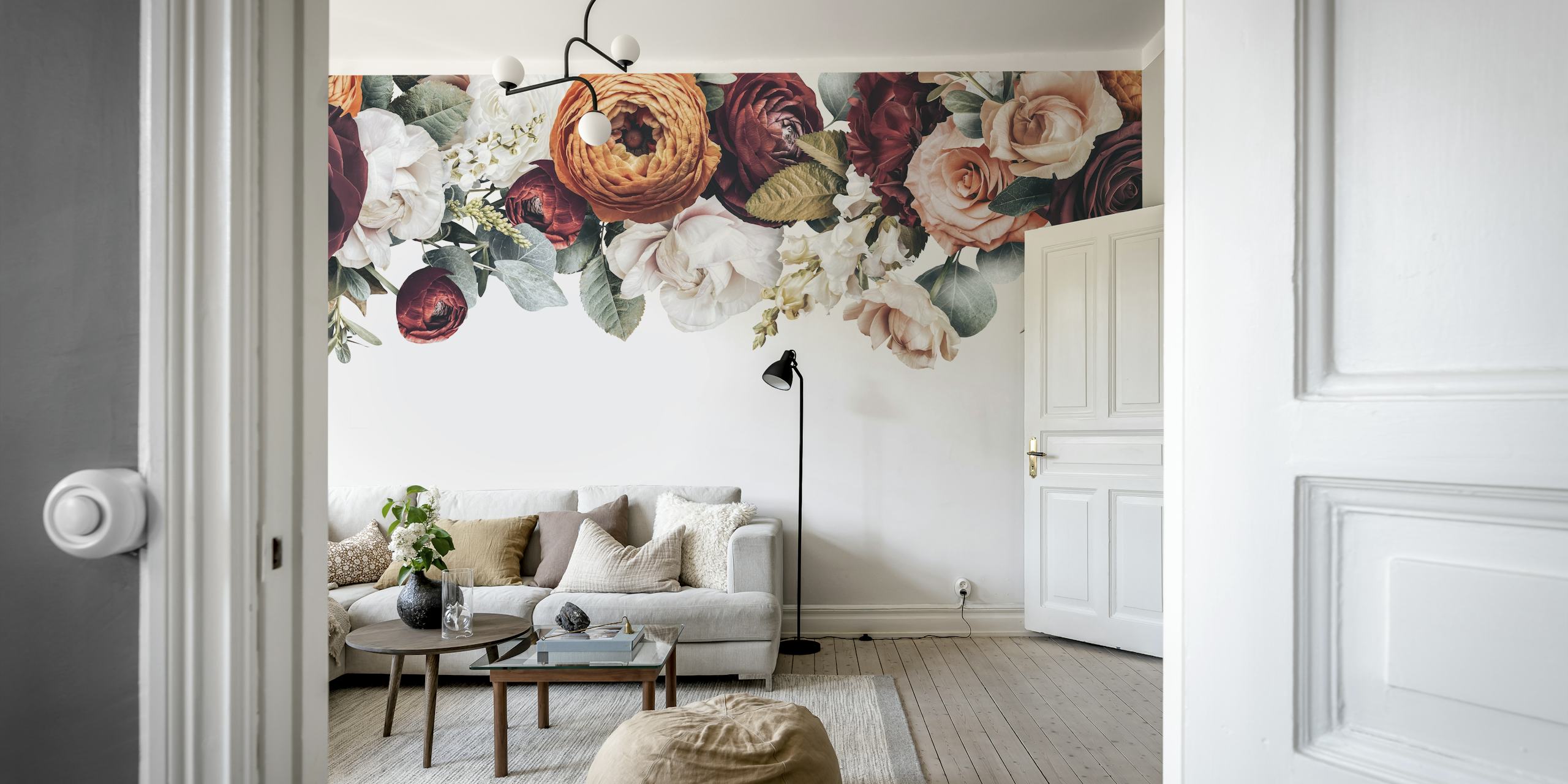 Floral border design featuring ranunculus in warm colors wallpaper