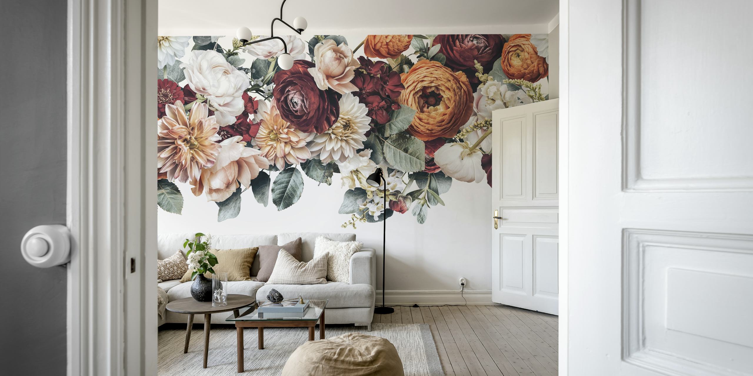 Květinová nástěnná malba s letními květinami včetně pivoněk, růží a pryskyřníku na čistém pozadí - Summerflower Border