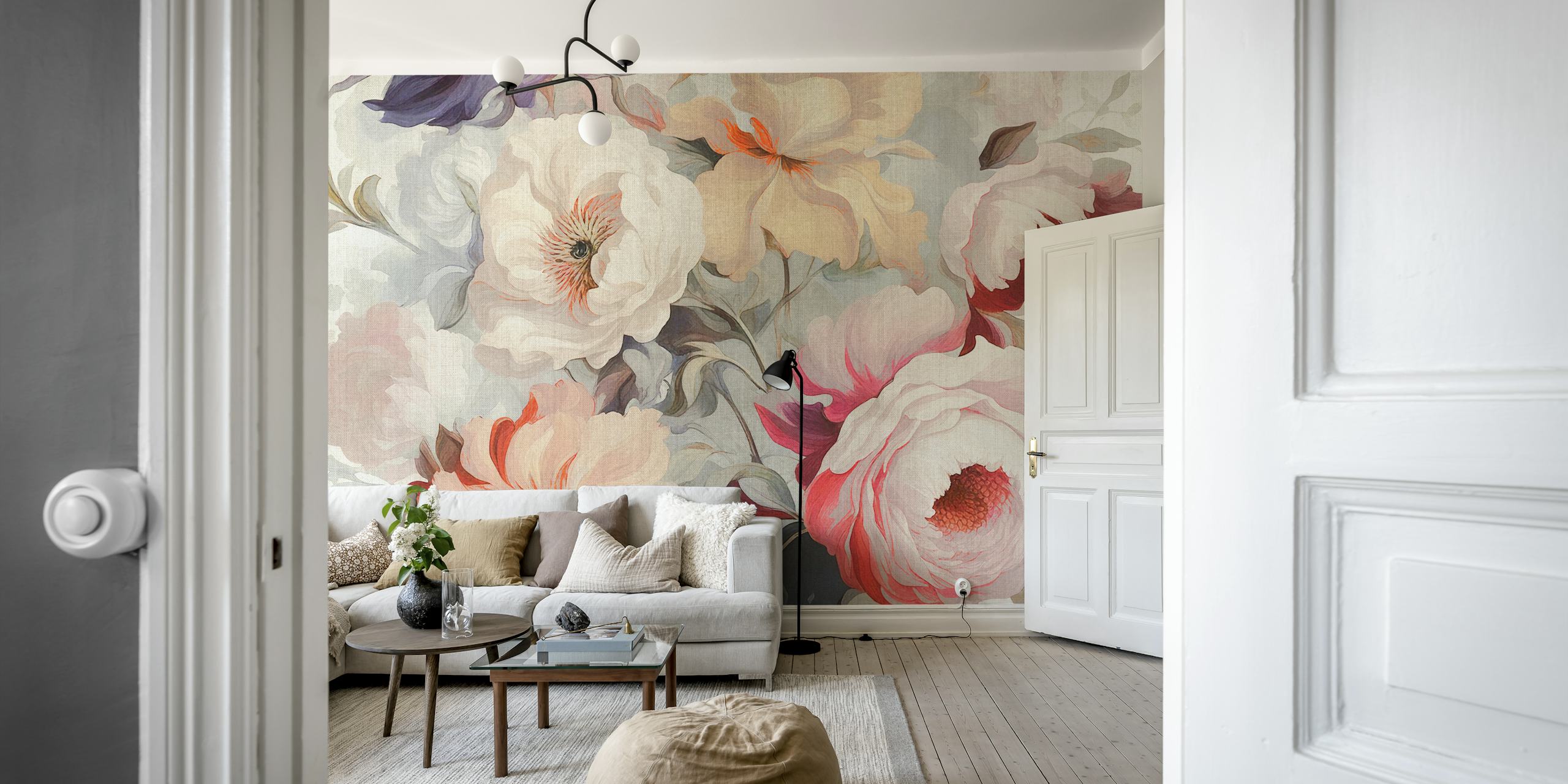 Large Baroque Flowers wall mural with soft pastel florals