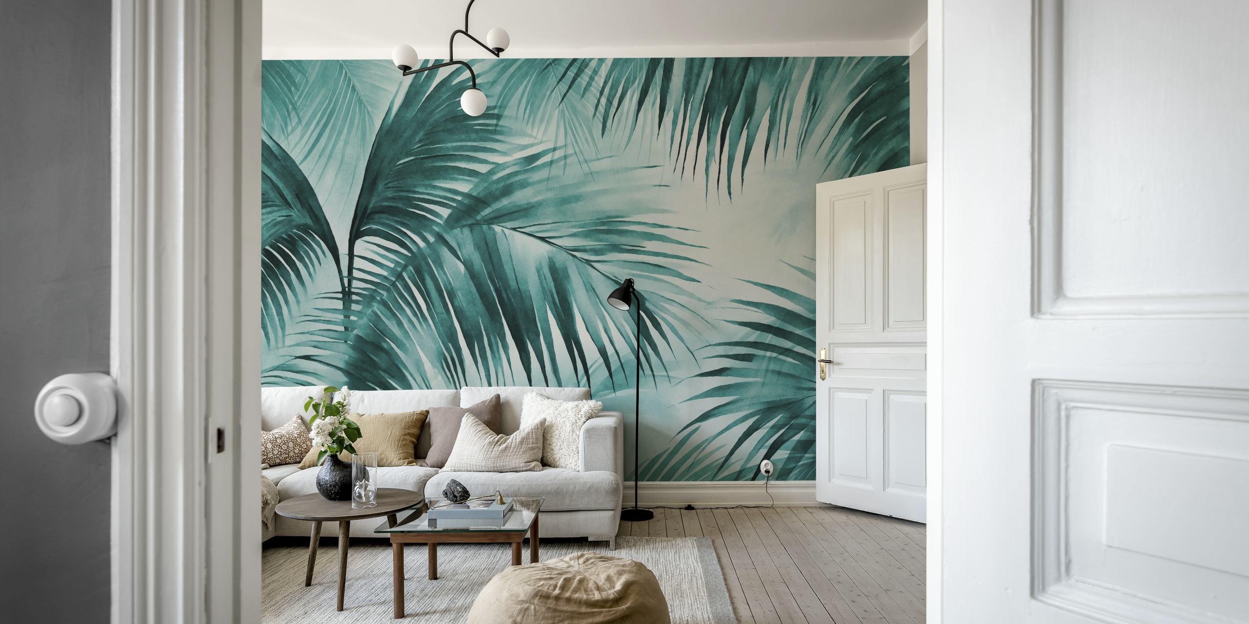 Tropical palm leaves in teal watercolor style wallpaper