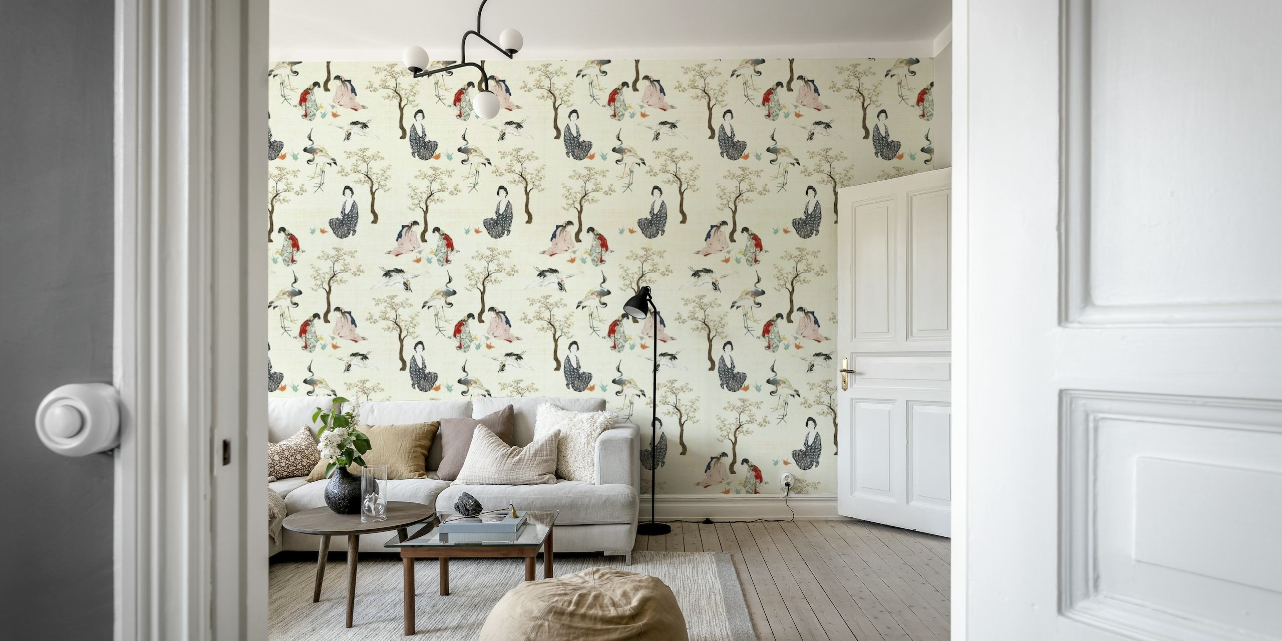 Asian Chinoiserie wall mural depicting women in traditional clothes with birds and blossoms