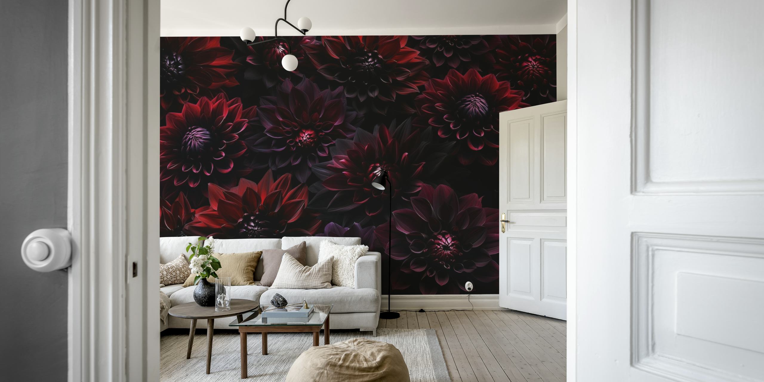 Dark burgundy dahlias in a baroque pattern wallpaper
