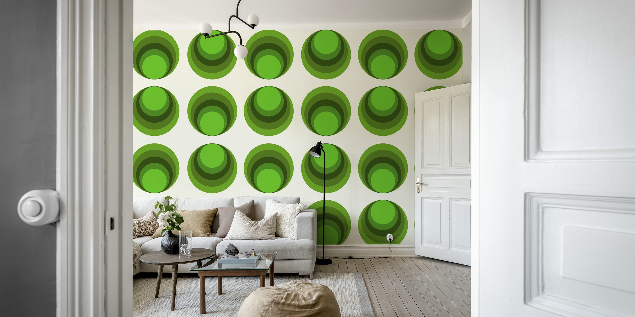 Papier peint mural motif géométrique vert inspiré des années 70