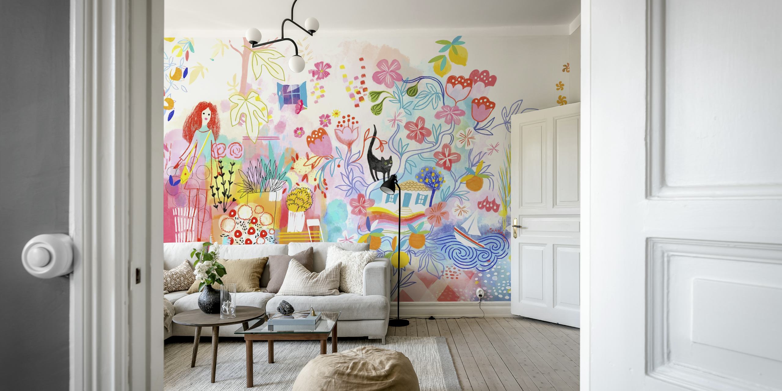 Colorful flowers, plants, and a black cat in a sunny landscape wallpaper