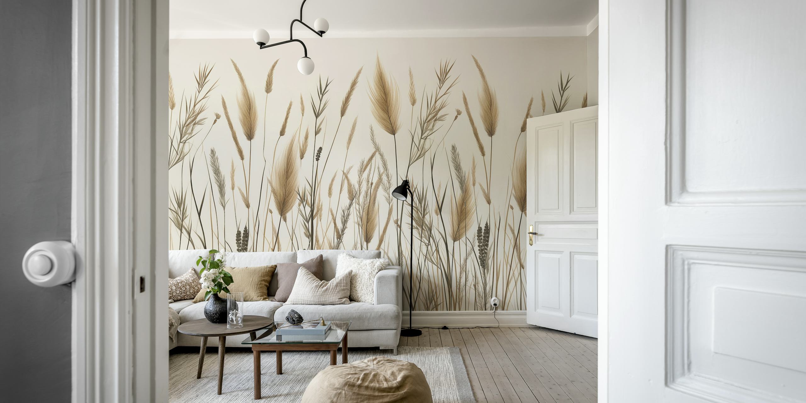 Wild Japandi Grass Botanical wall mural depicting elegant grasses on a neutral background