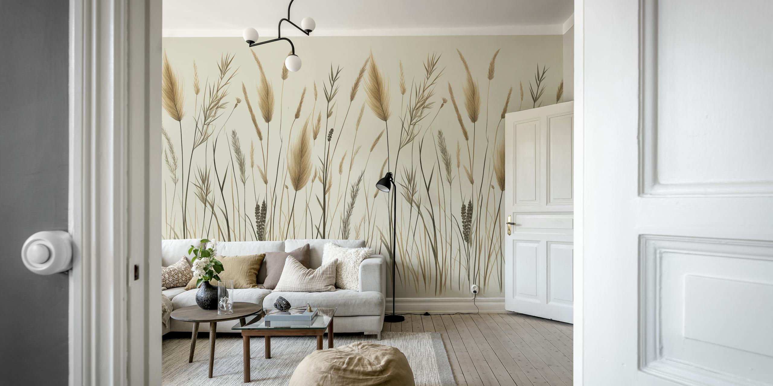 Botanical grass pattern in neutral shades, beige and brown wallpaper