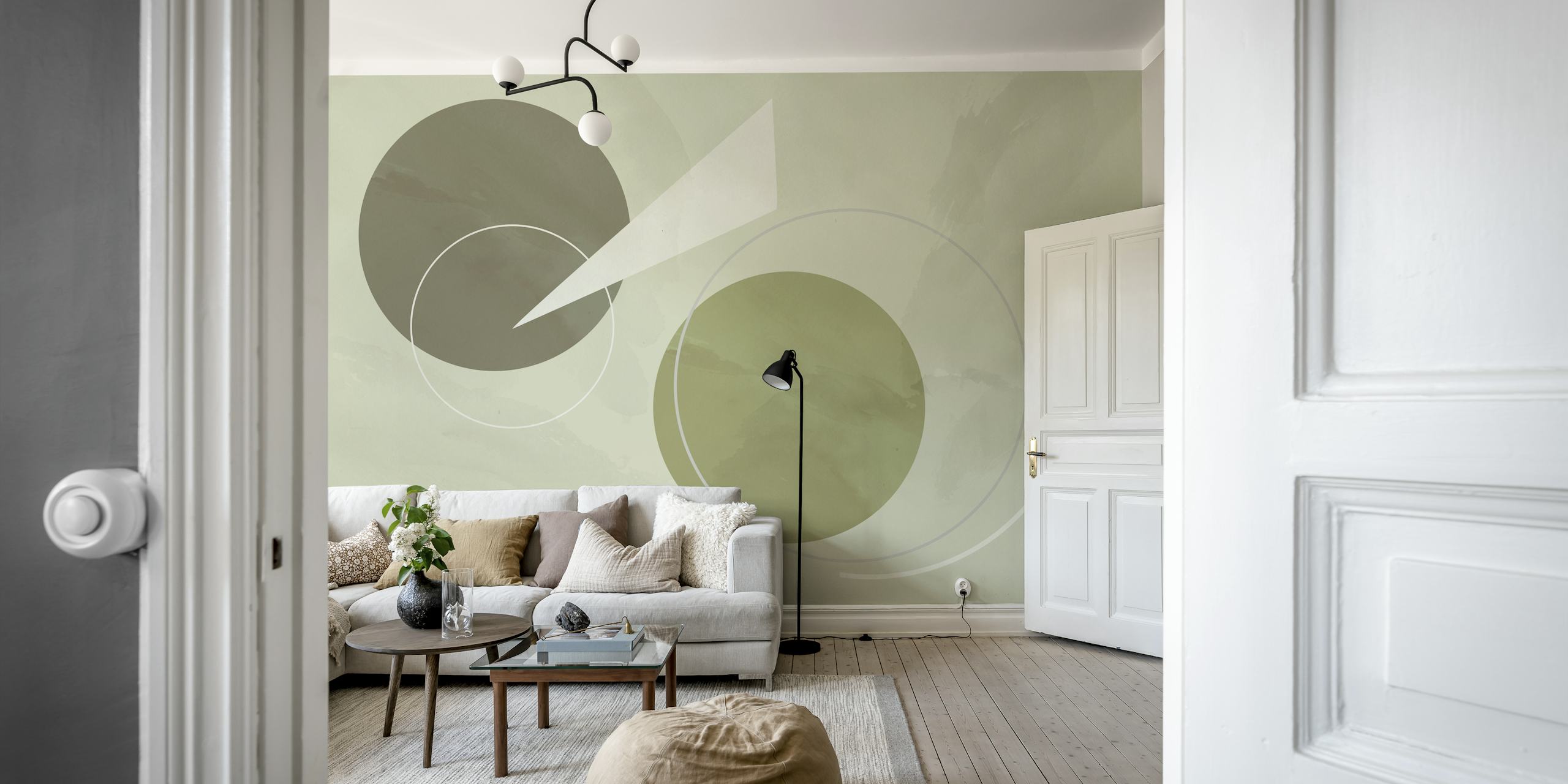 Sage and grey geometric shapes wall mural in mid-century modern style