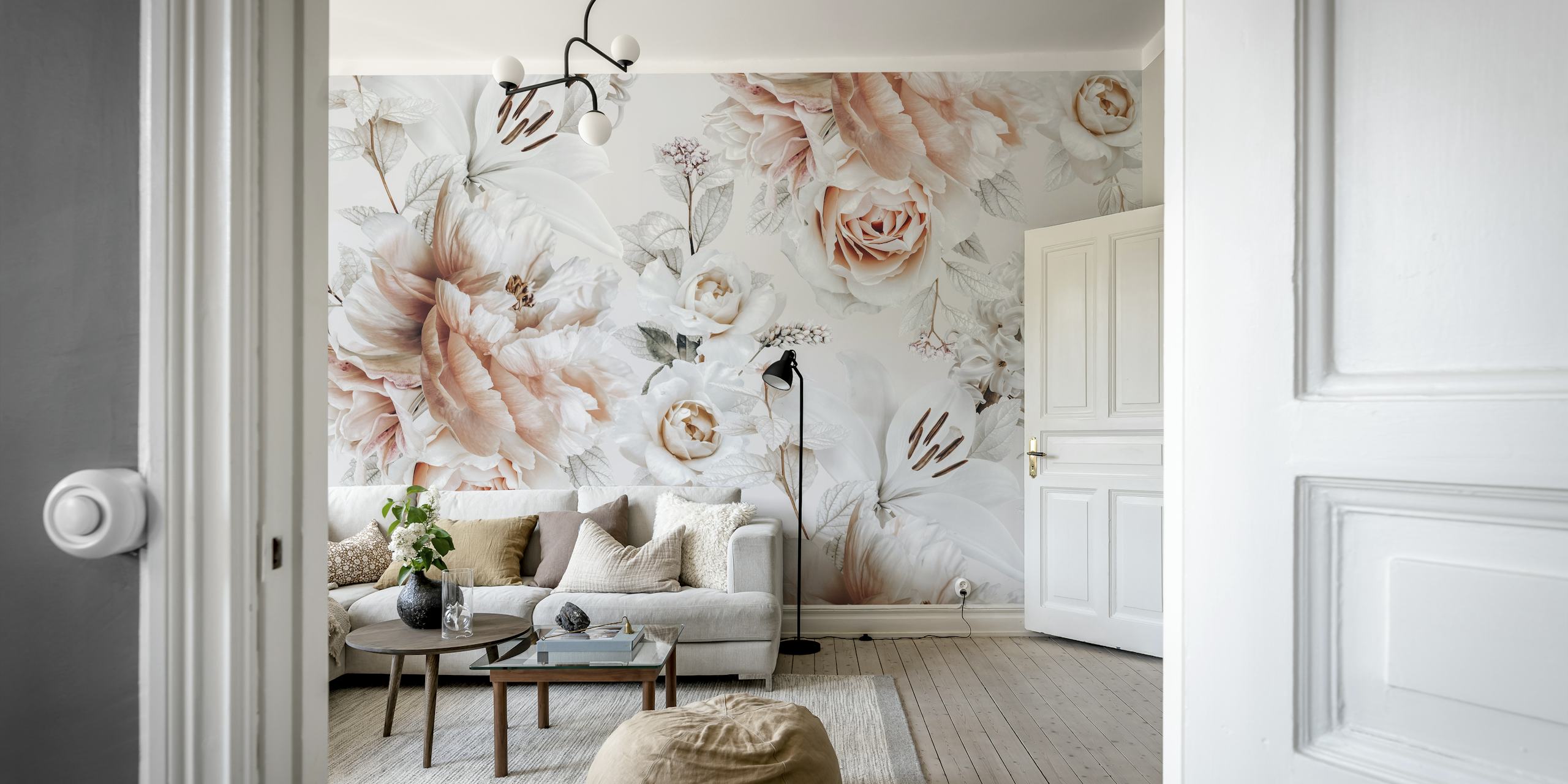 Pink floral wallpaper with roses and lilies in soft tones