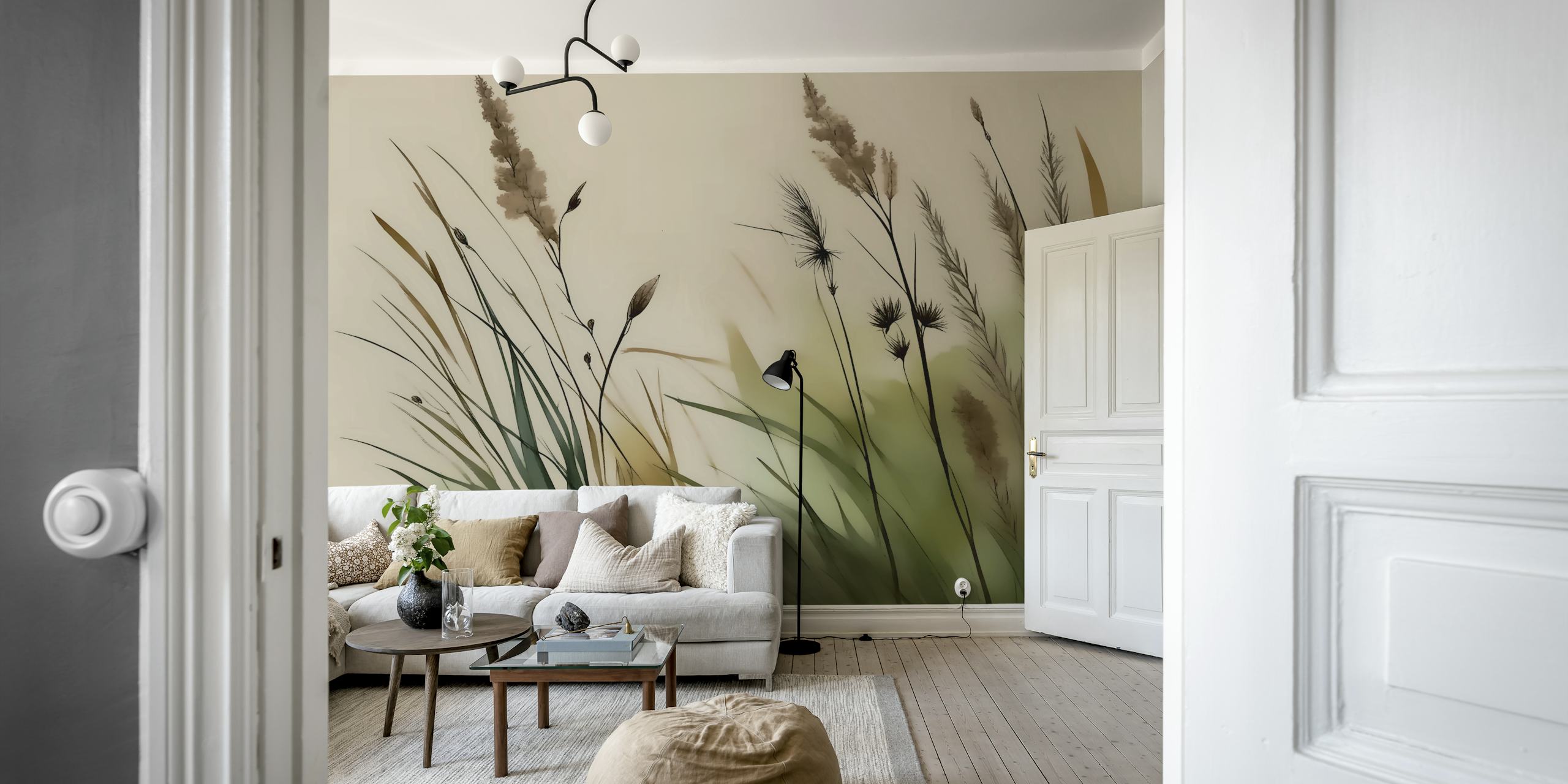 Beige en groene schaduw van bloemen en grassen wallpaper