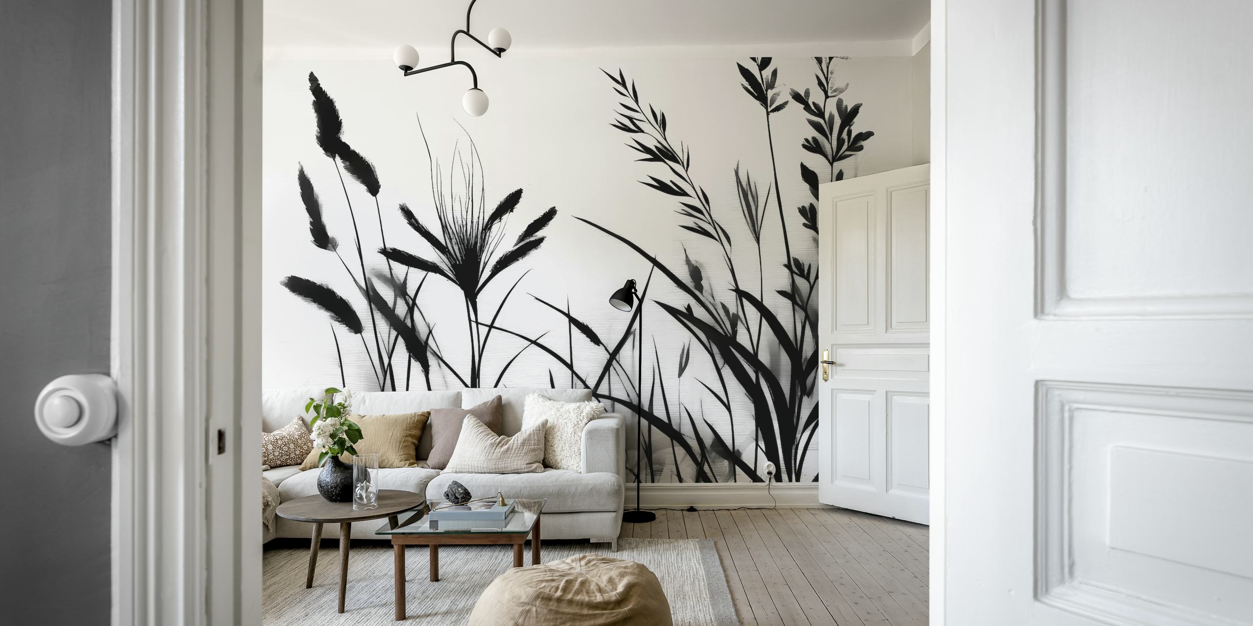 Black flowers and grass silhouettes on white background wallpaper
