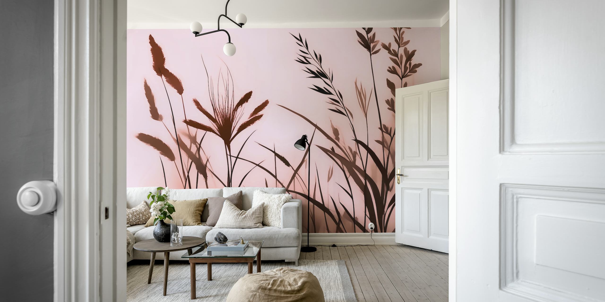 Silhouettes of dried wildflowers in shades of pink and brown wallpaper