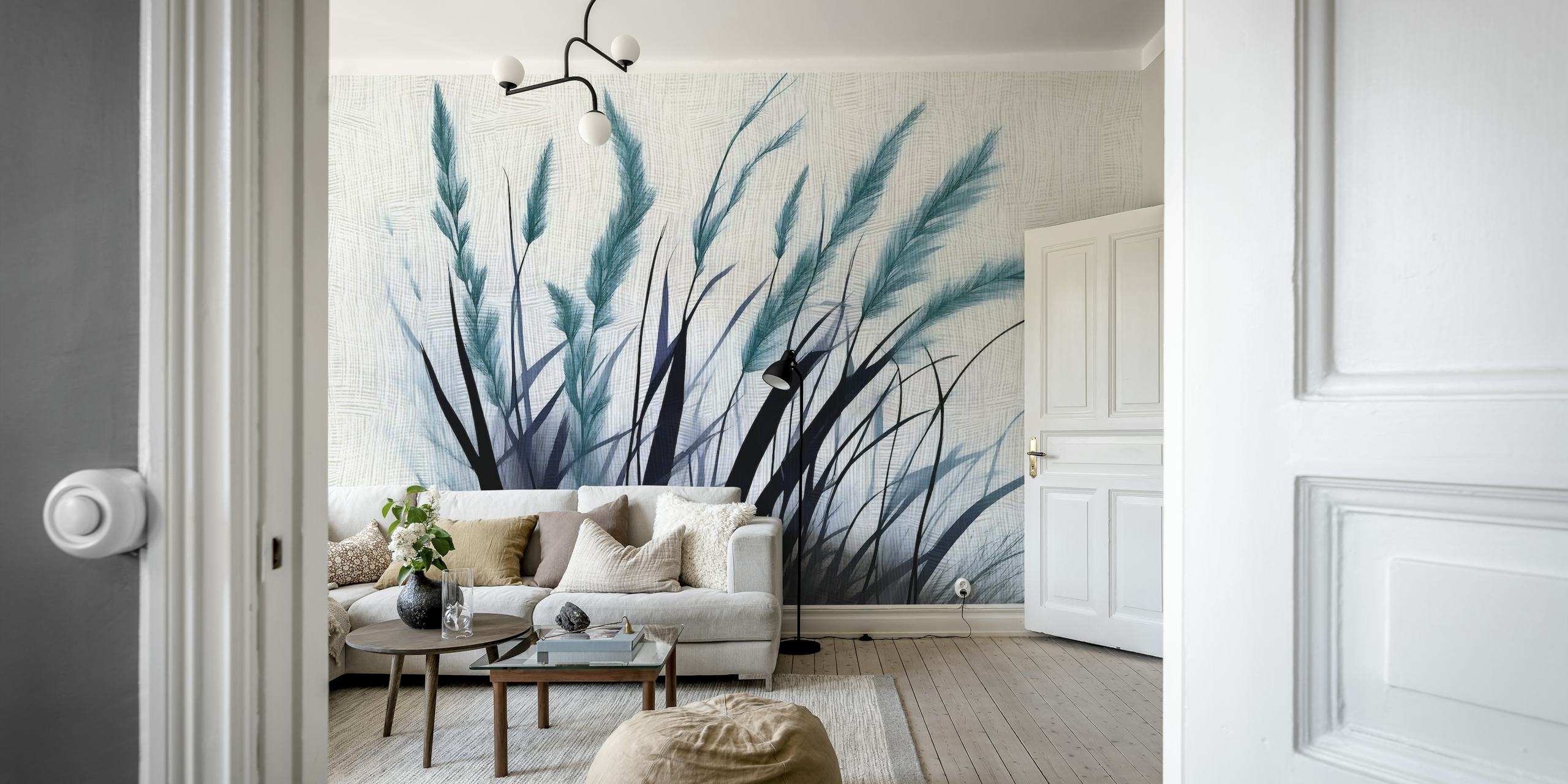 Teal meadow wallpaper with floral patterns and textured background
