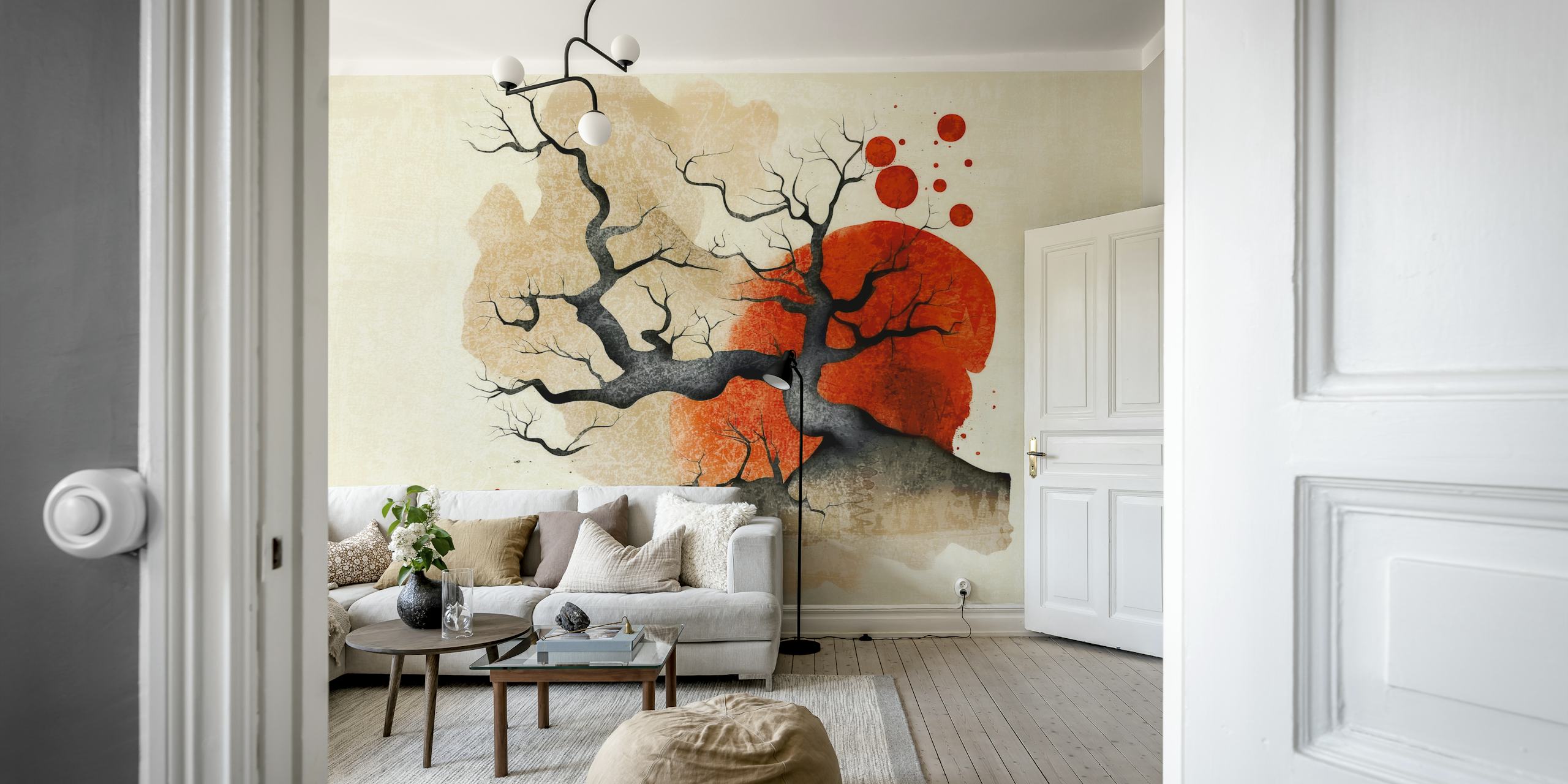 Abstract tree silhouette with red sun and earthy tones wallpaper