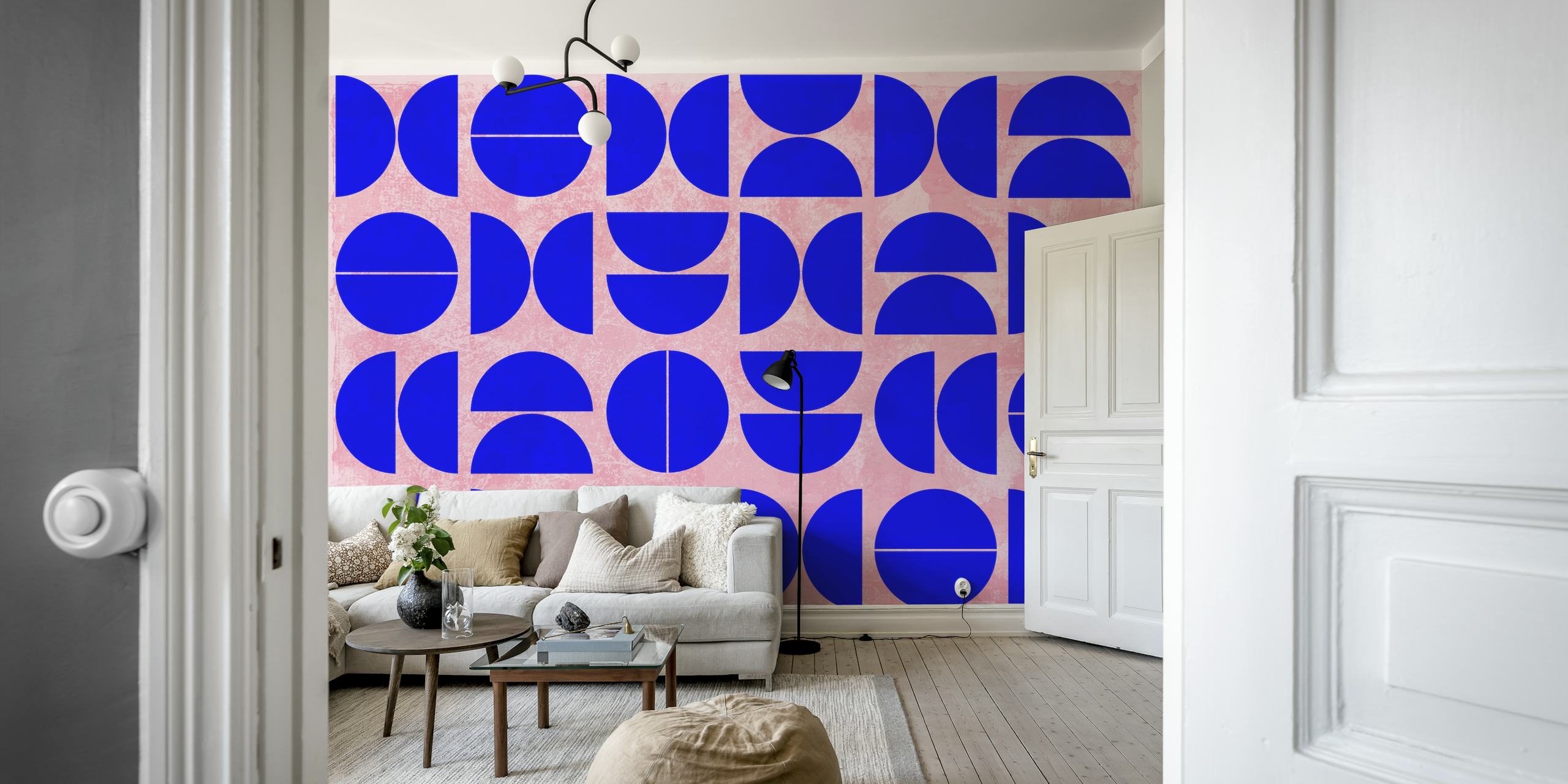 Abstract blauwe geometrische vormen op een neutraal fotobehang voor een modern interieur