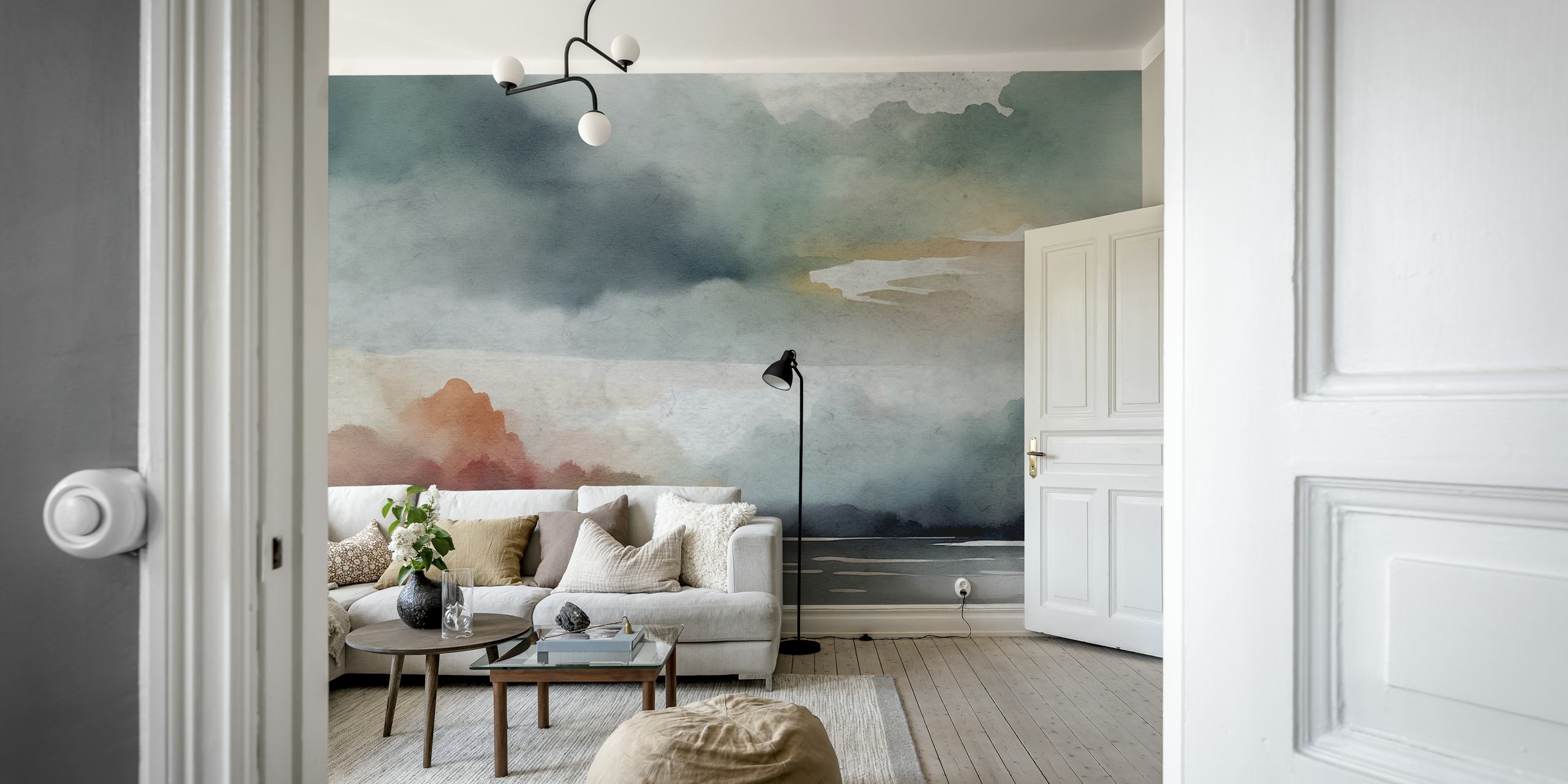 Japanese-style watercolor cloudscape with soft hues creating a serene wall mural