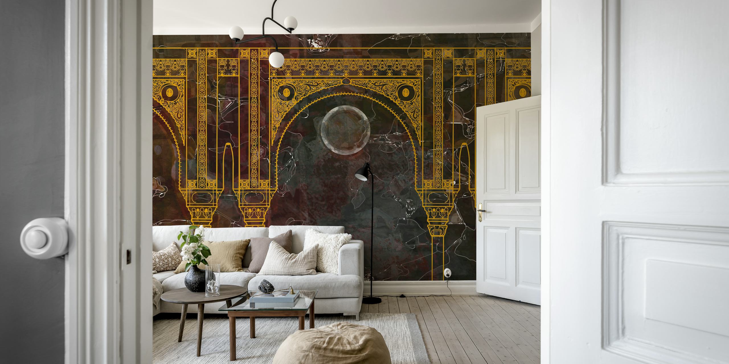 Earthy boho Moroccan luxury marble wallpaper in a room