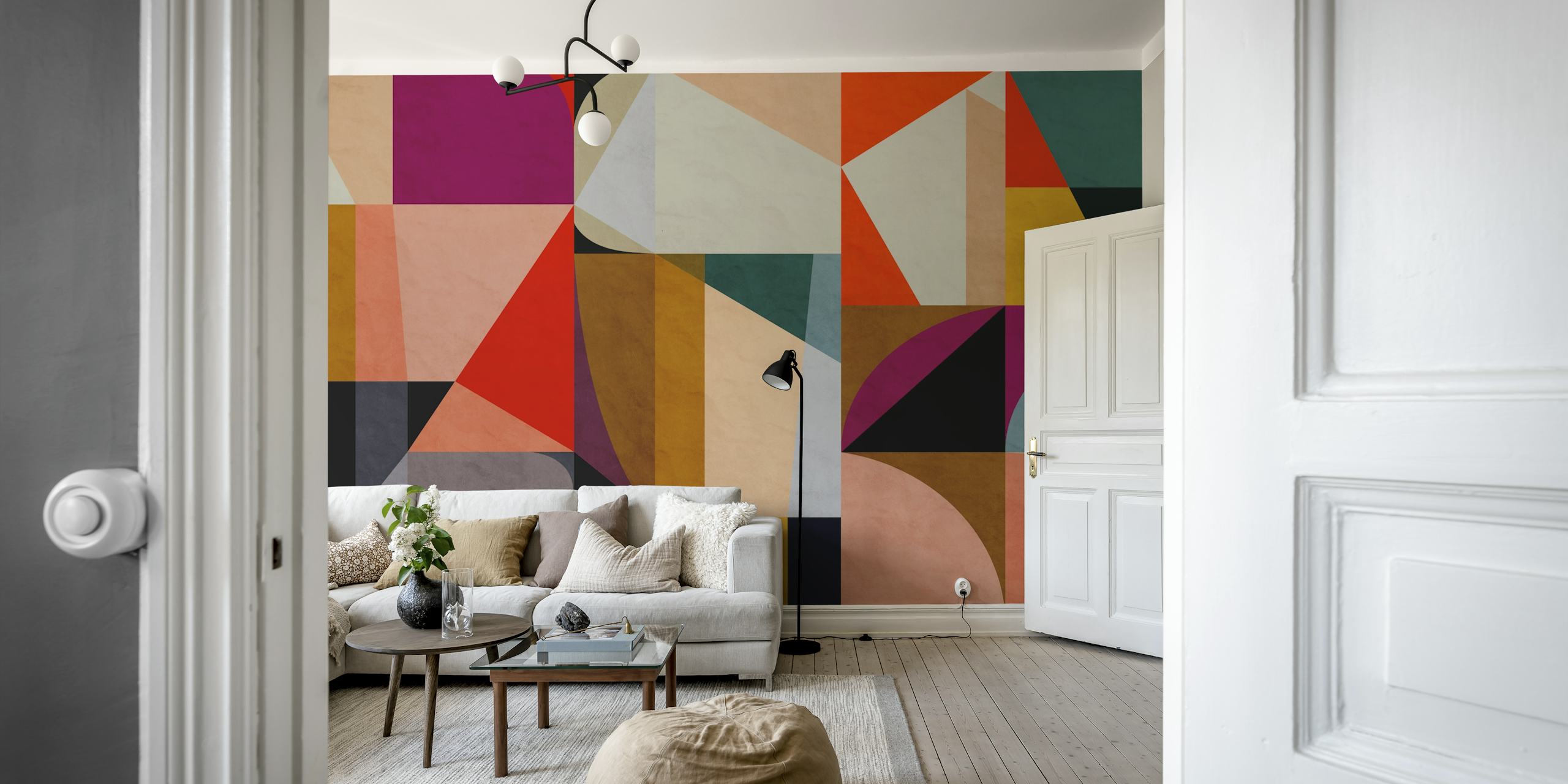 Colorful geometric wallpaper in a room