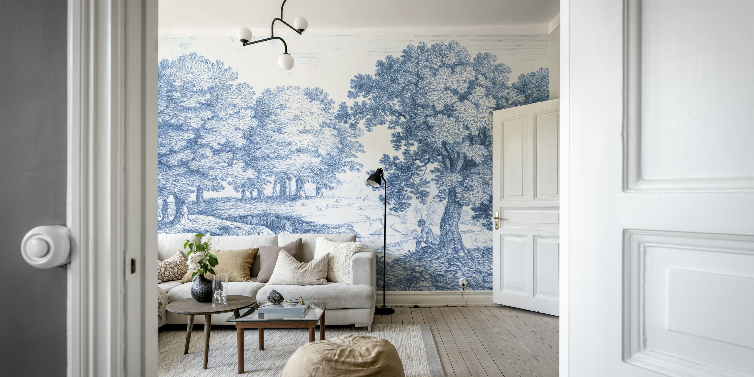 Vintage landscape scene with blue trees and river wallpaper