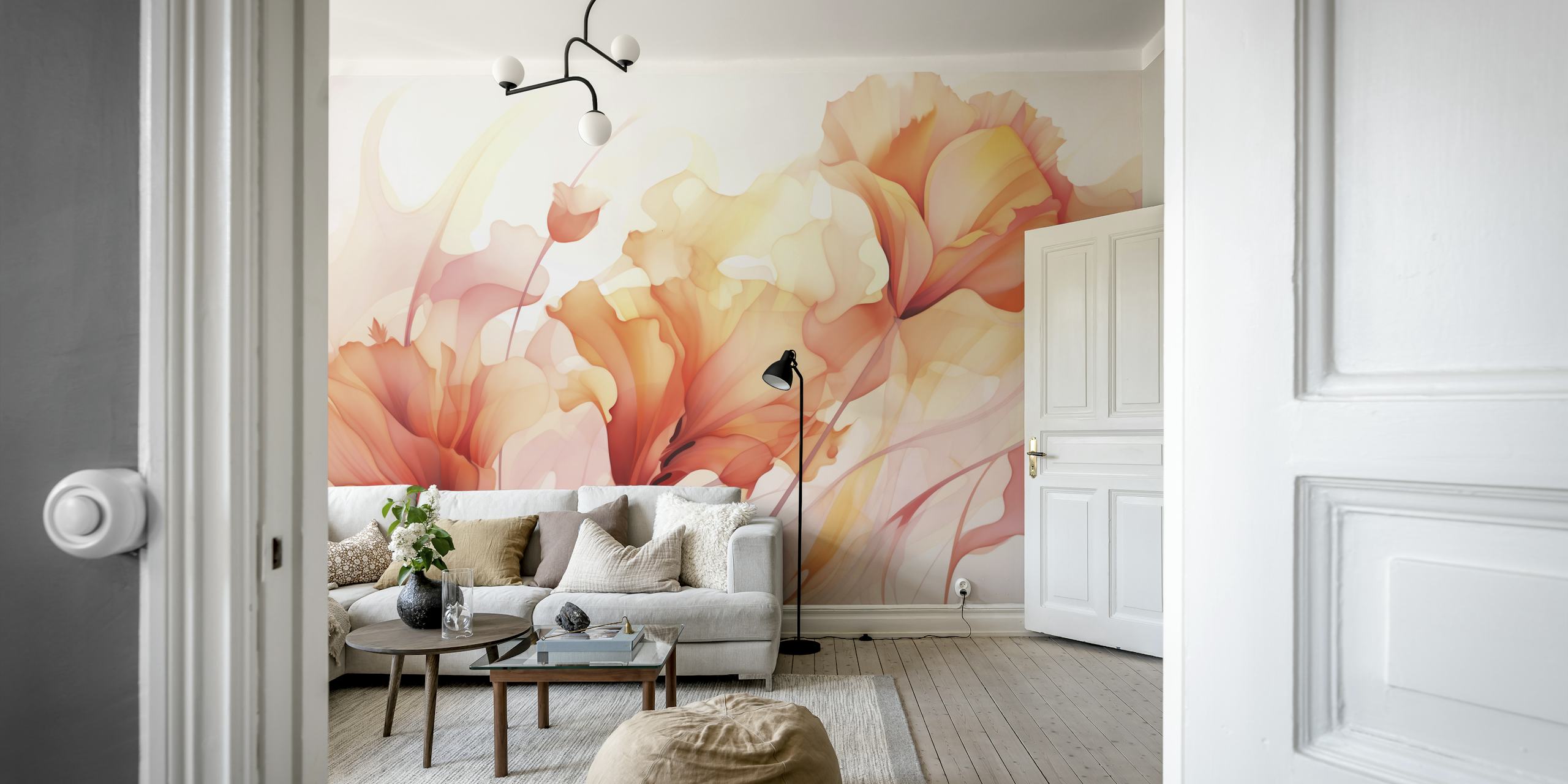 Floral peach tangerine wallpaper in a room