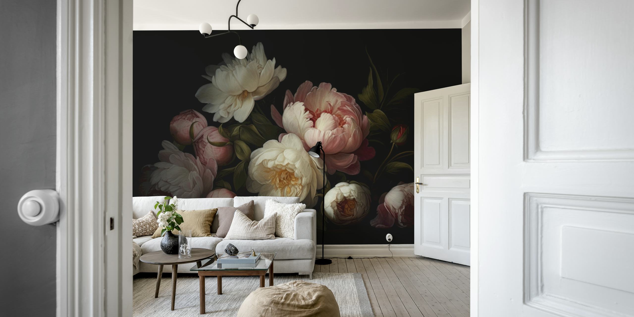 Vintage floral peonies in soft pink and cream hues on a dark background wallpaper