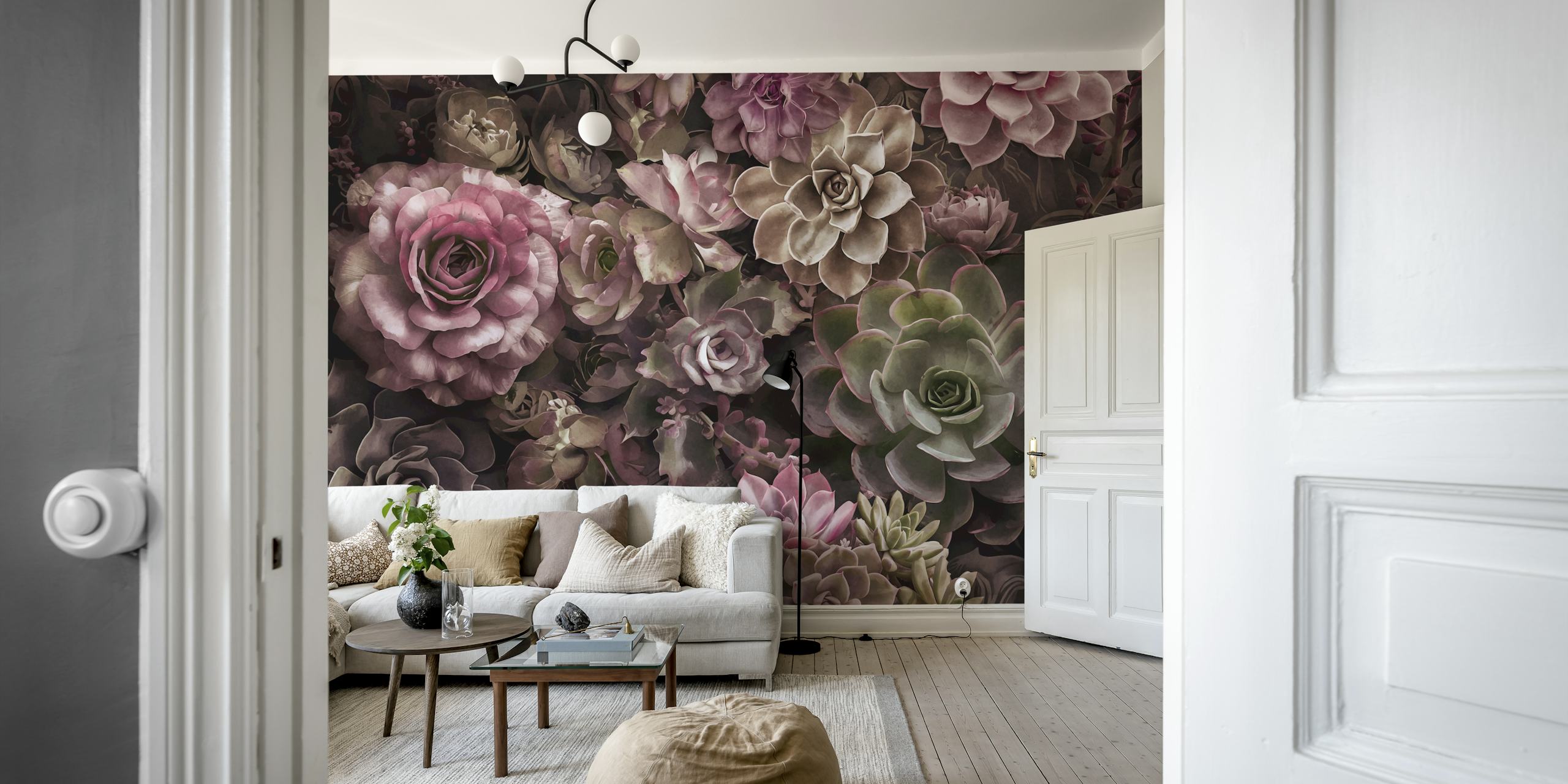 Desert Garden fotobehang met stemmige bloemen en vetplanten in gedempte tinten