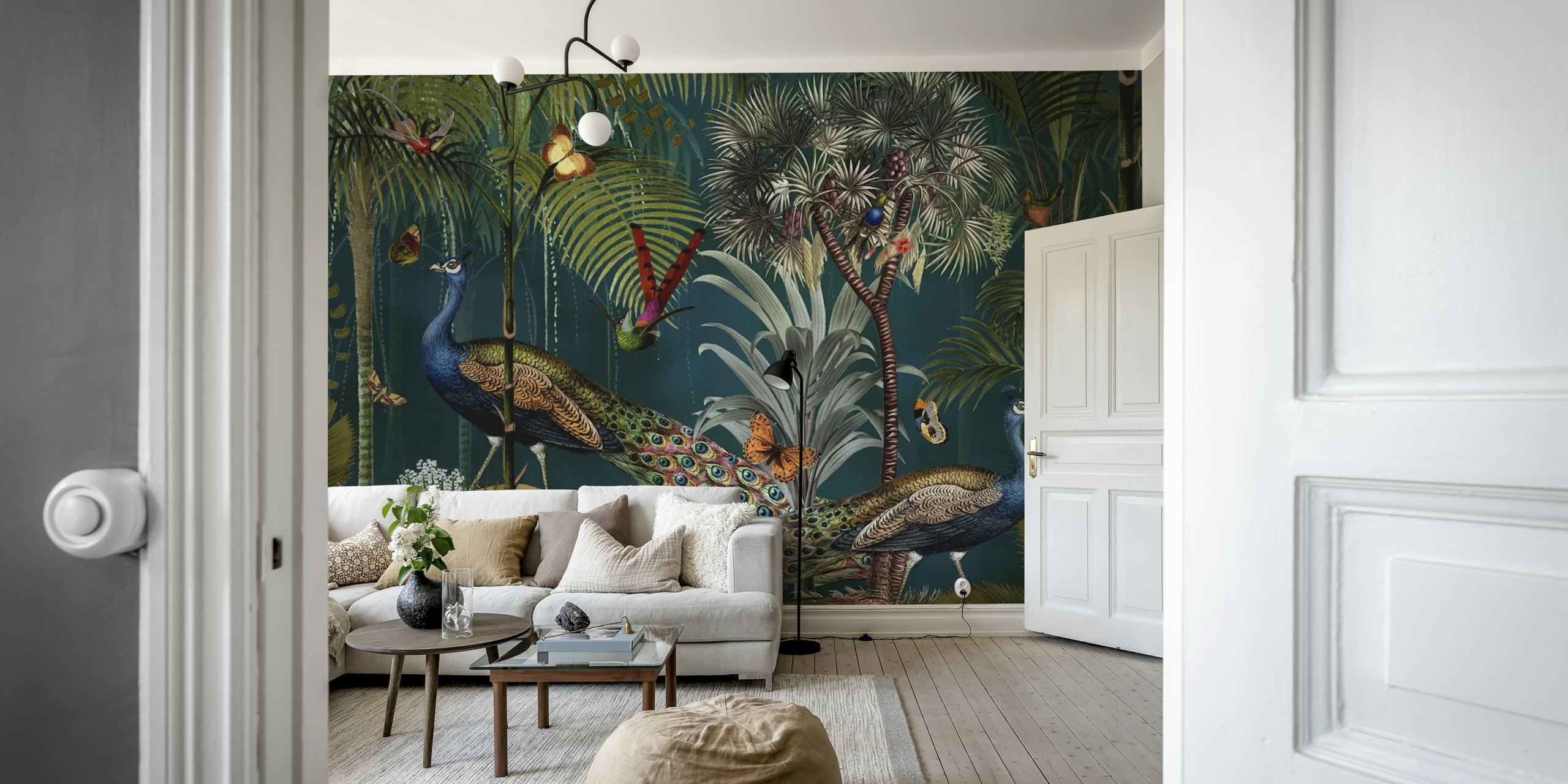 Tropical jungle wallpaper with peacocks and butterflies