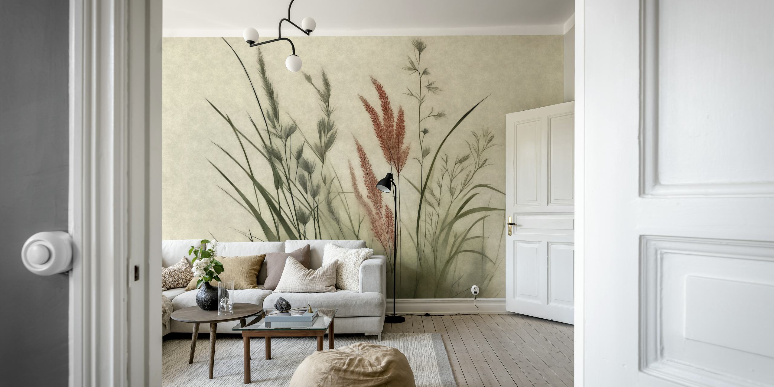Scandinavian grass meadow wallpaper in a room
