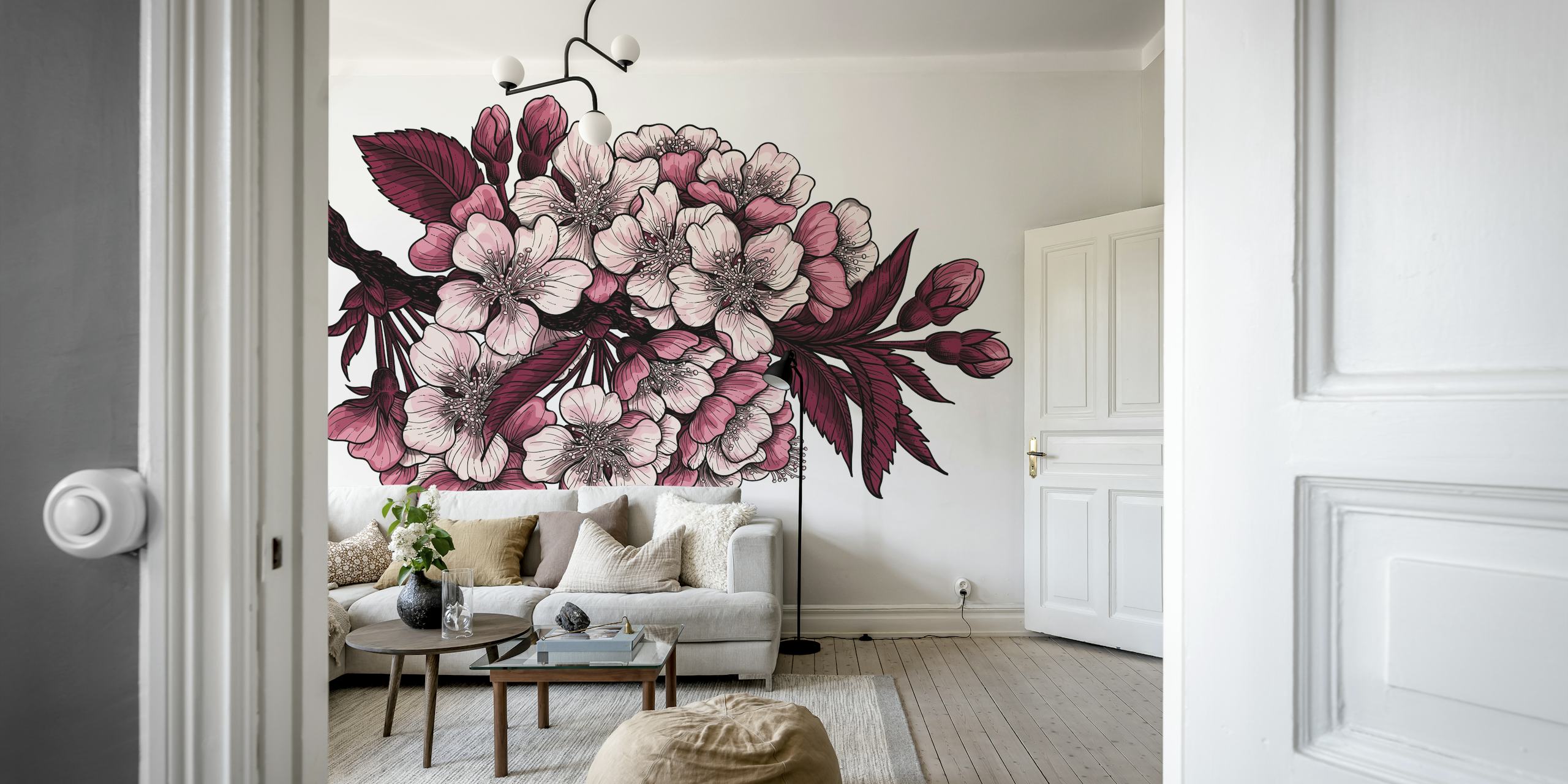 Cherry blossom branch wallpaper in a room