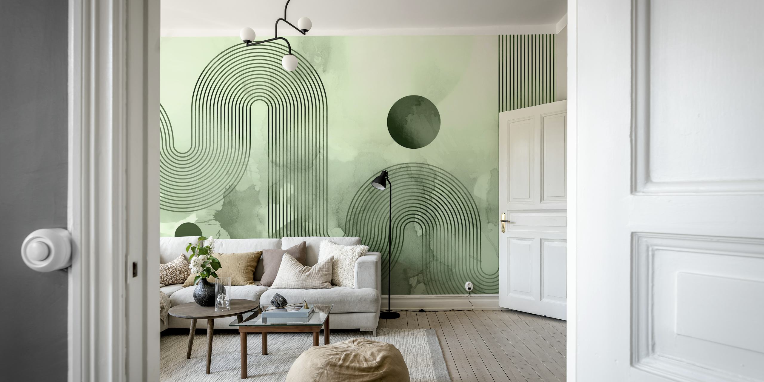 Abstract line art design with green tones and circular elements wallpaper