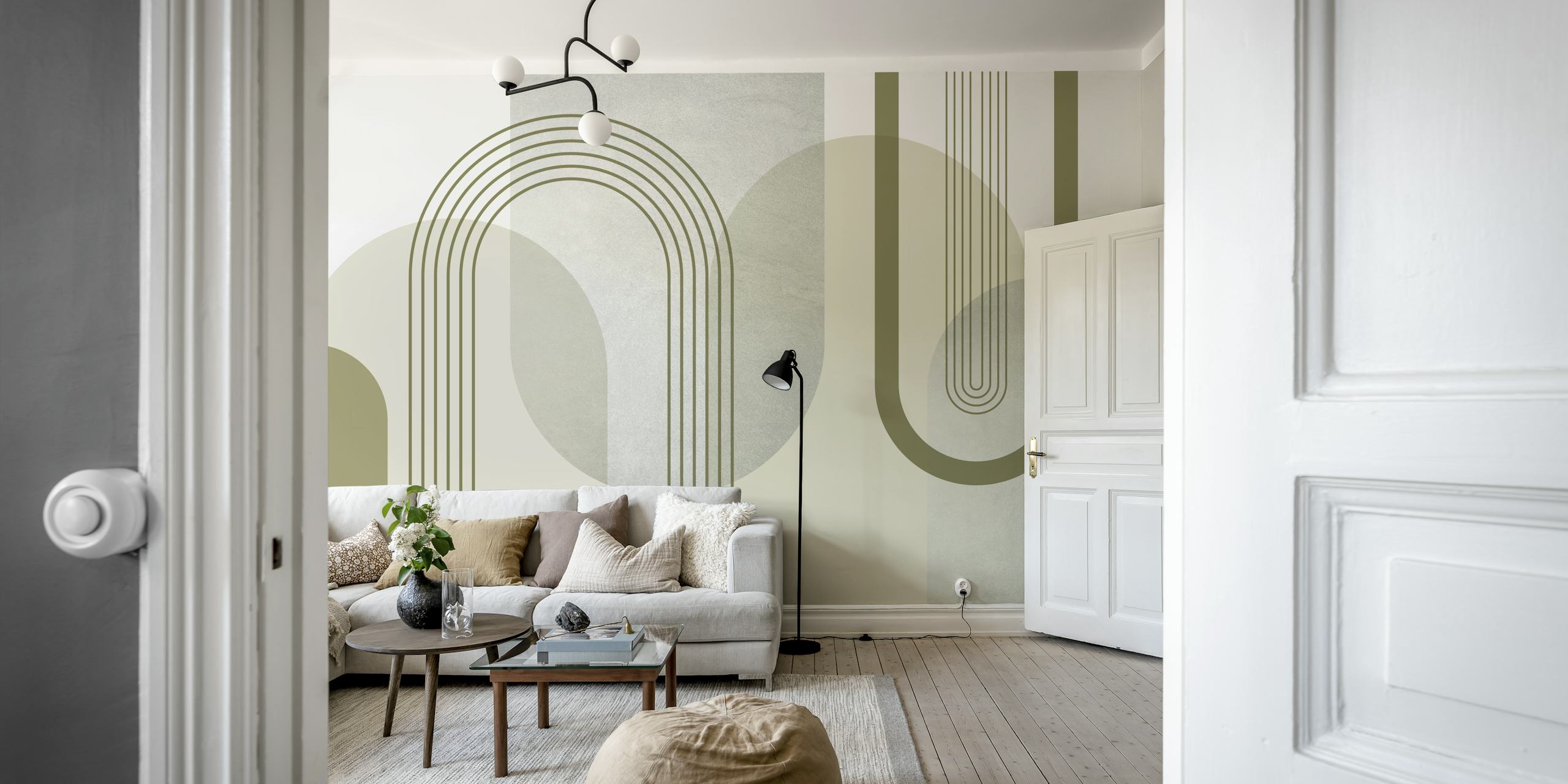 Sage Green Mid Century Arches wallpaper in a room