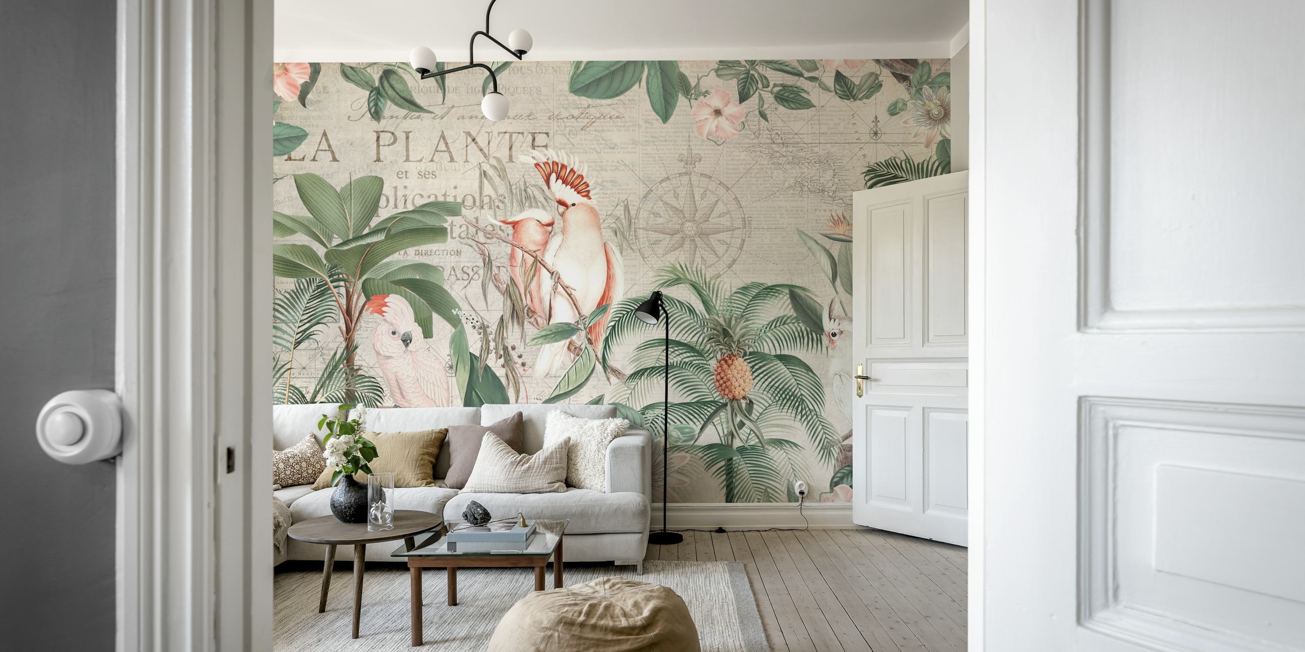Tropical cockatoos and flowers in green foliage wallpaper