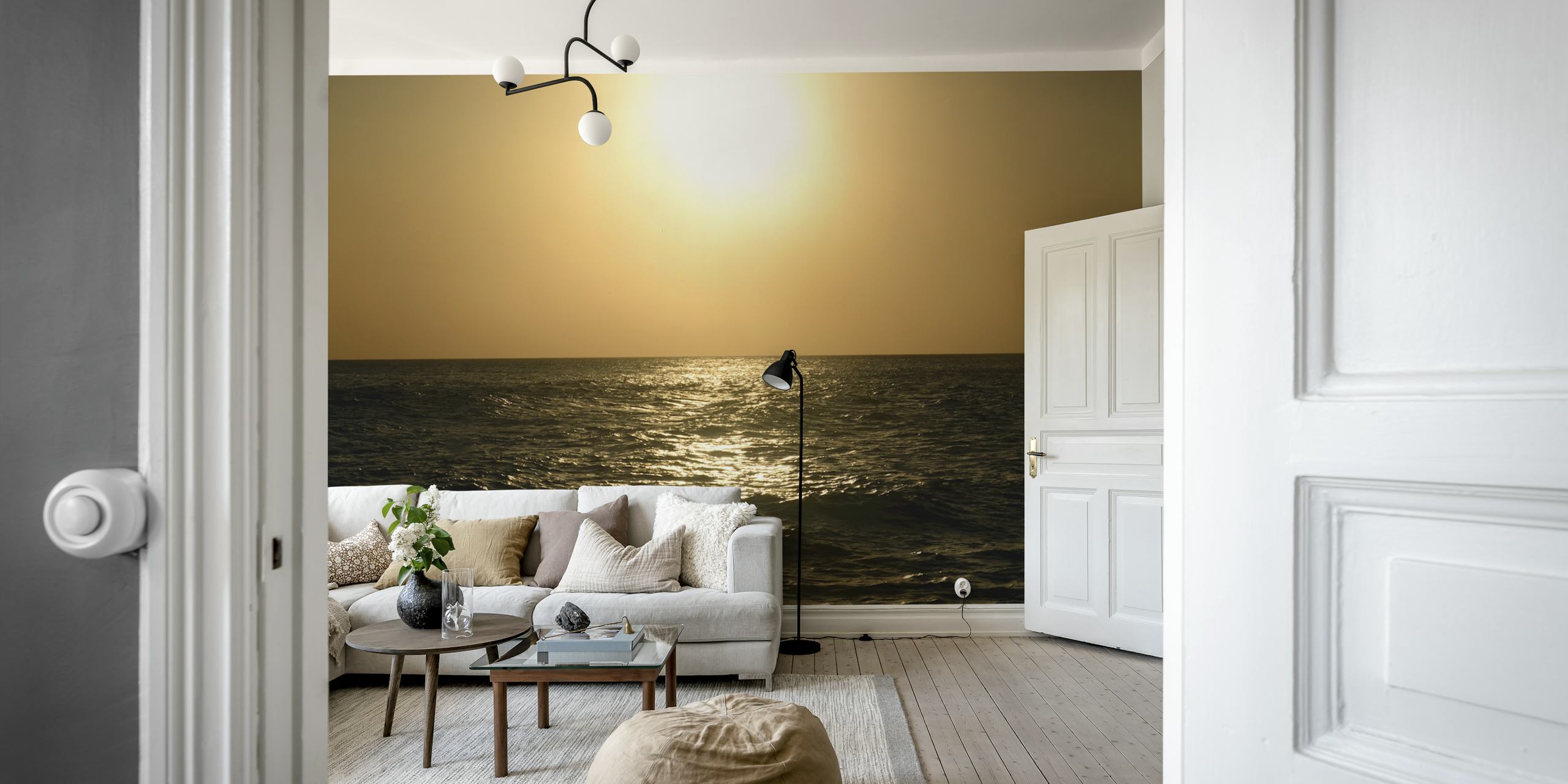 Golden Caribbean sunset over calm sea wall mural