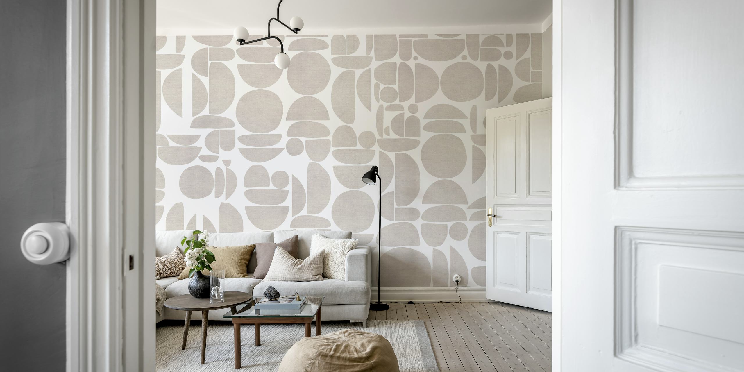 Bauhaus inspired tan geometric shapes on a fabric texture background wall mural