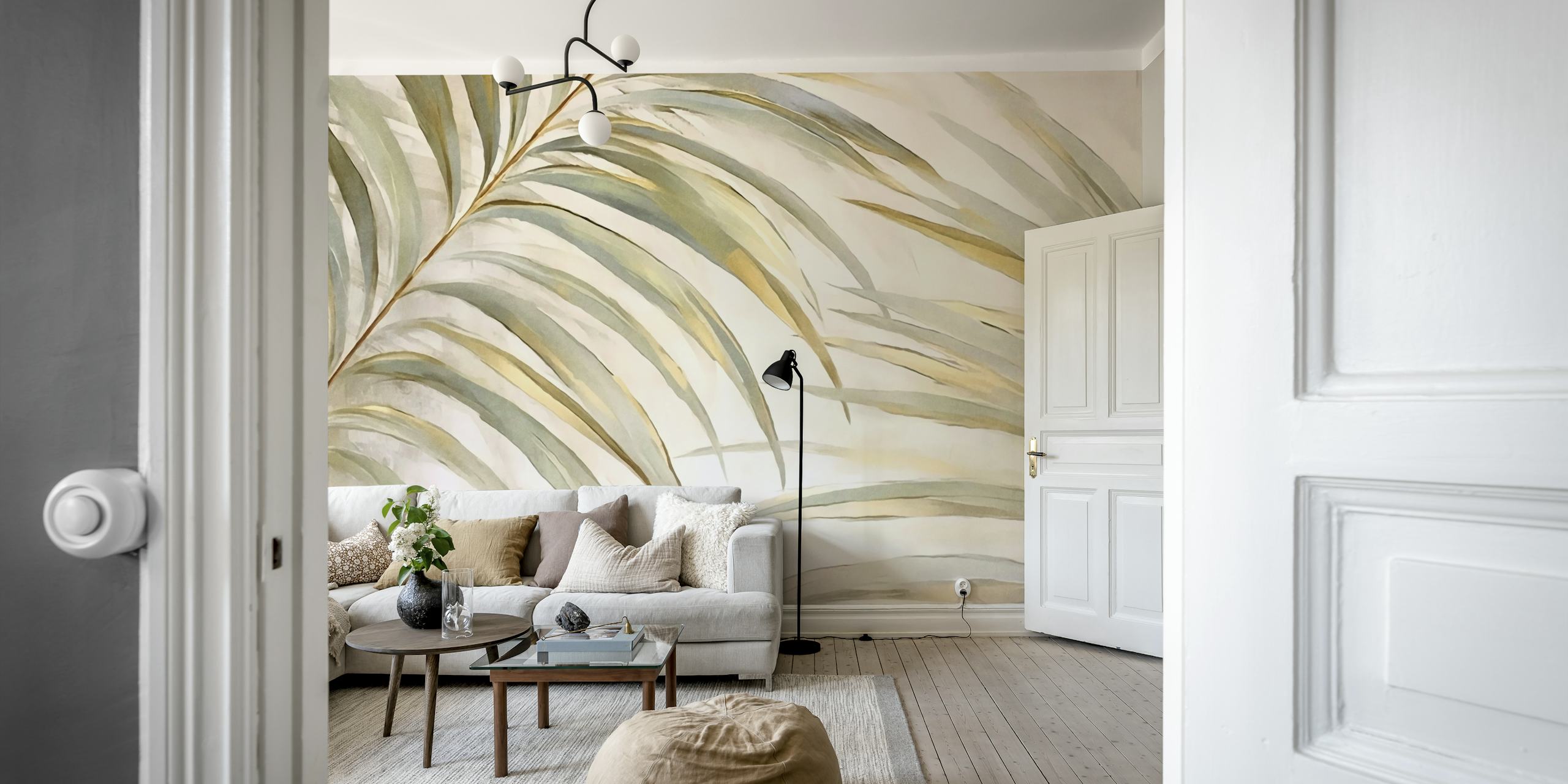 Tropical palm fronds in green and beige tones botanical wallpaper