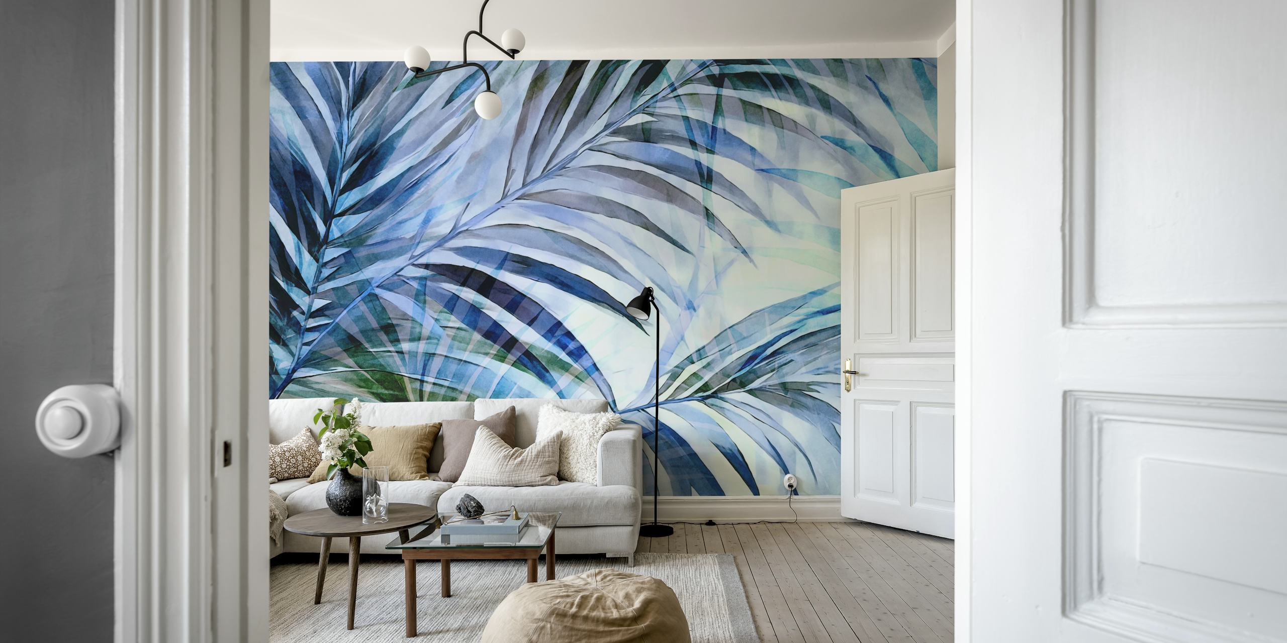 Tropical palm leaves in shades of blue and green wallpaper