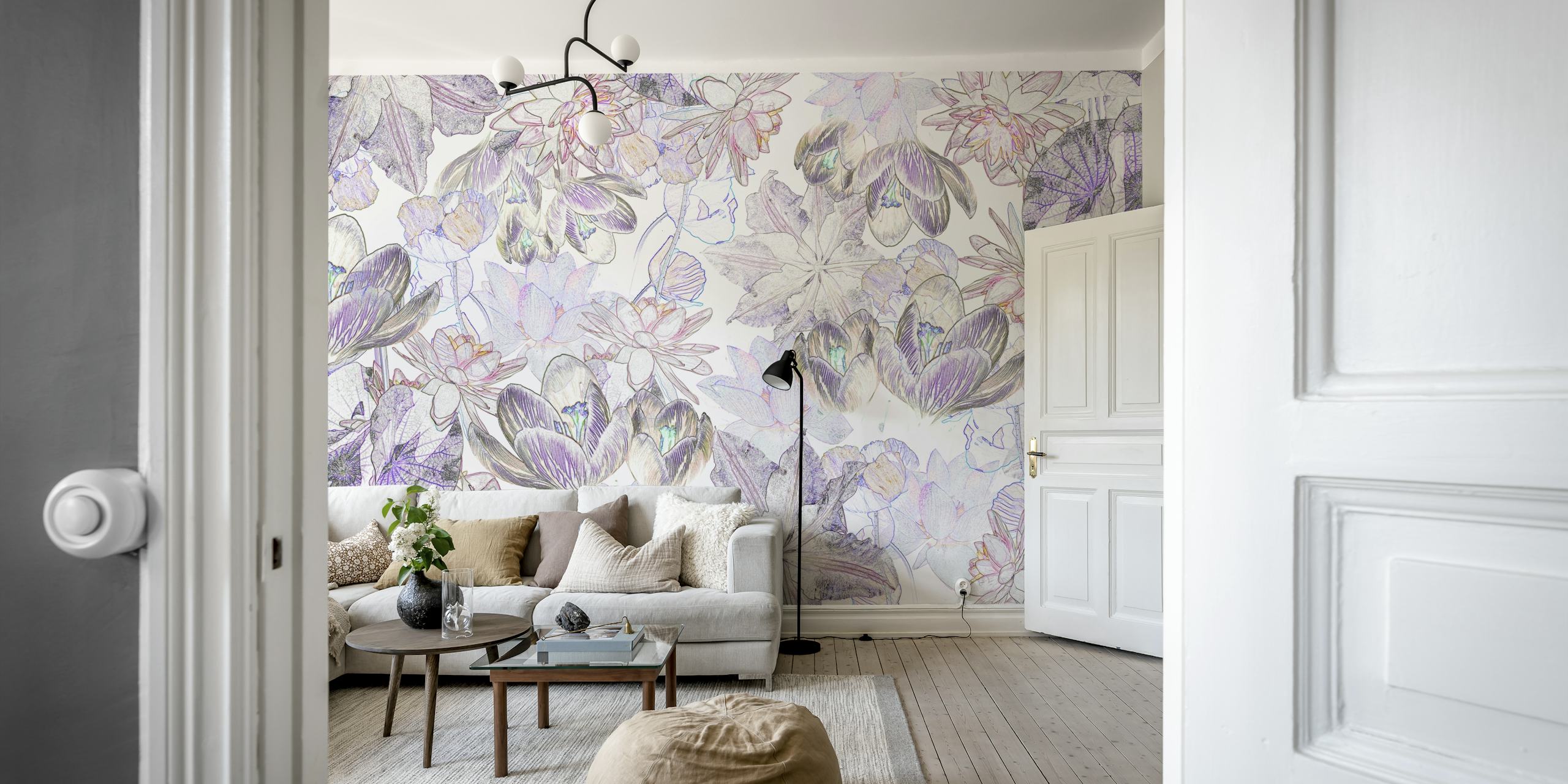 X-ray floral design featuring soft purple and pastel hues wallpaper