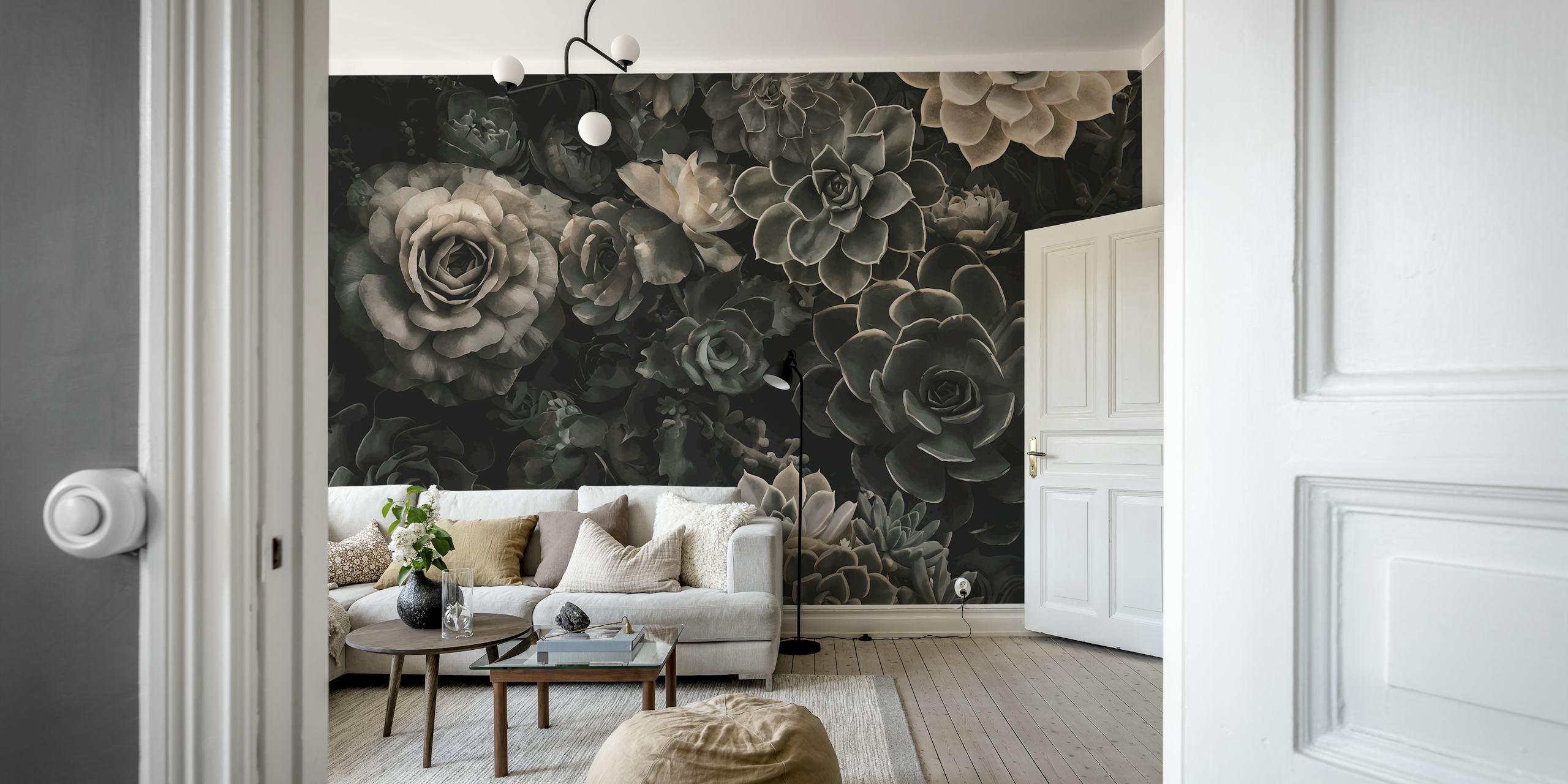 Moody floral and succulent wall mural in grey tones