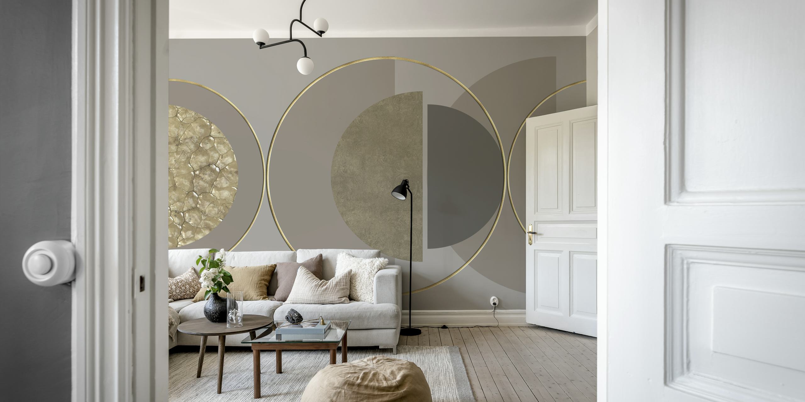 Mid century modern geometric wallpaper in earthy tones, including brown, gray, and gold accents.