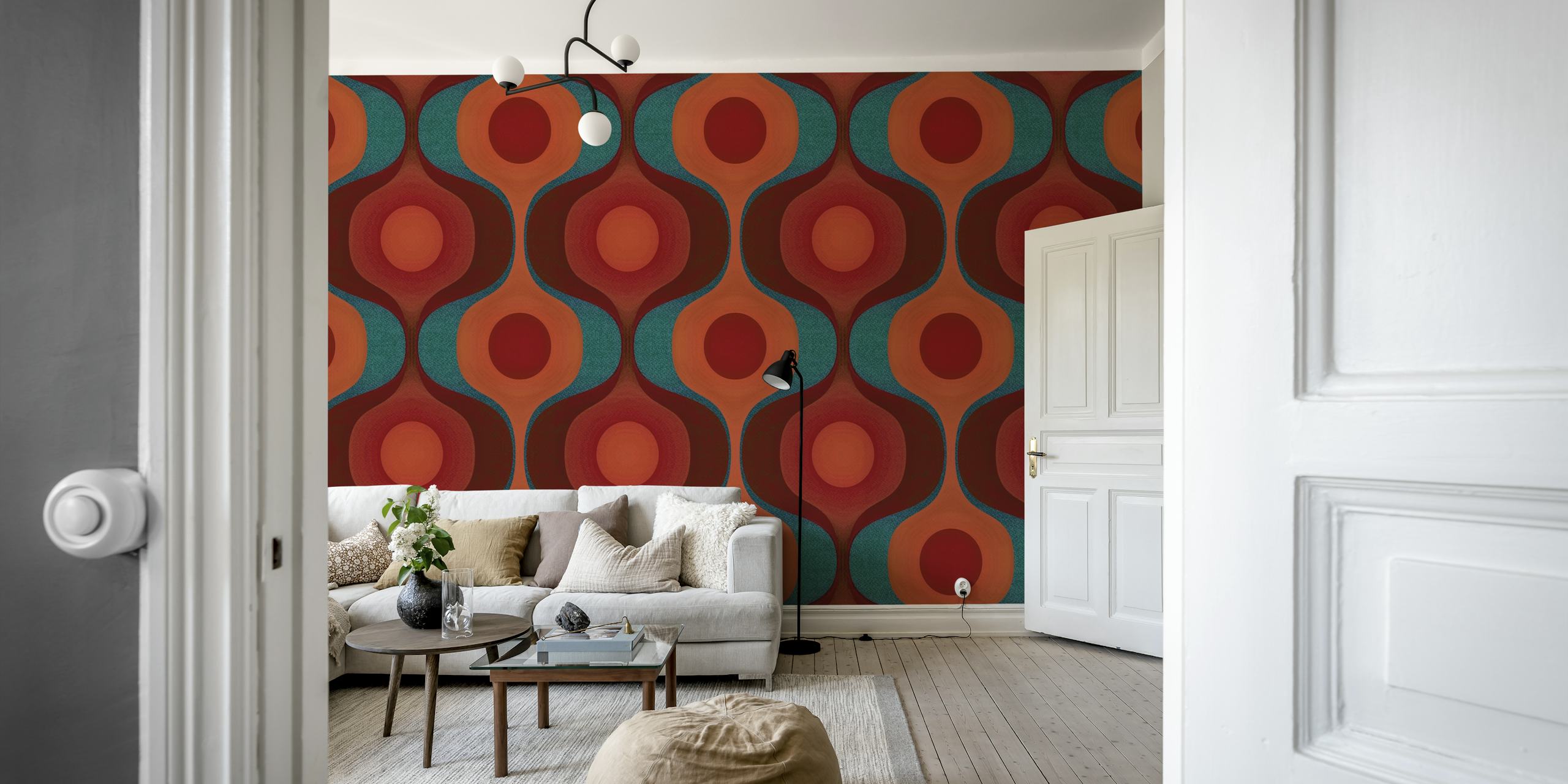 Red Coral 70s geometric wallpaper in a room