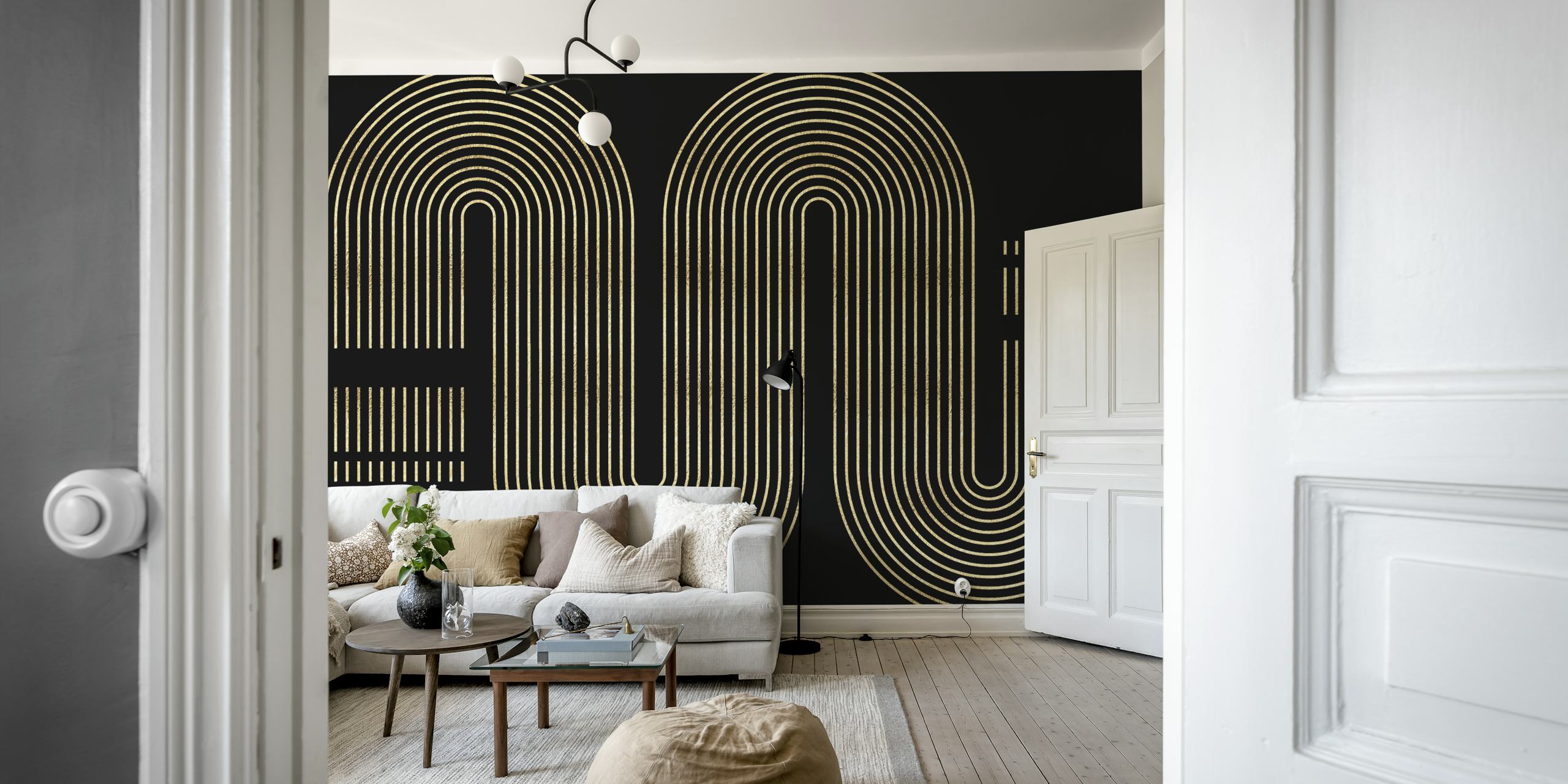 Gold lines create a wavy geometric design on a black background wallpaper