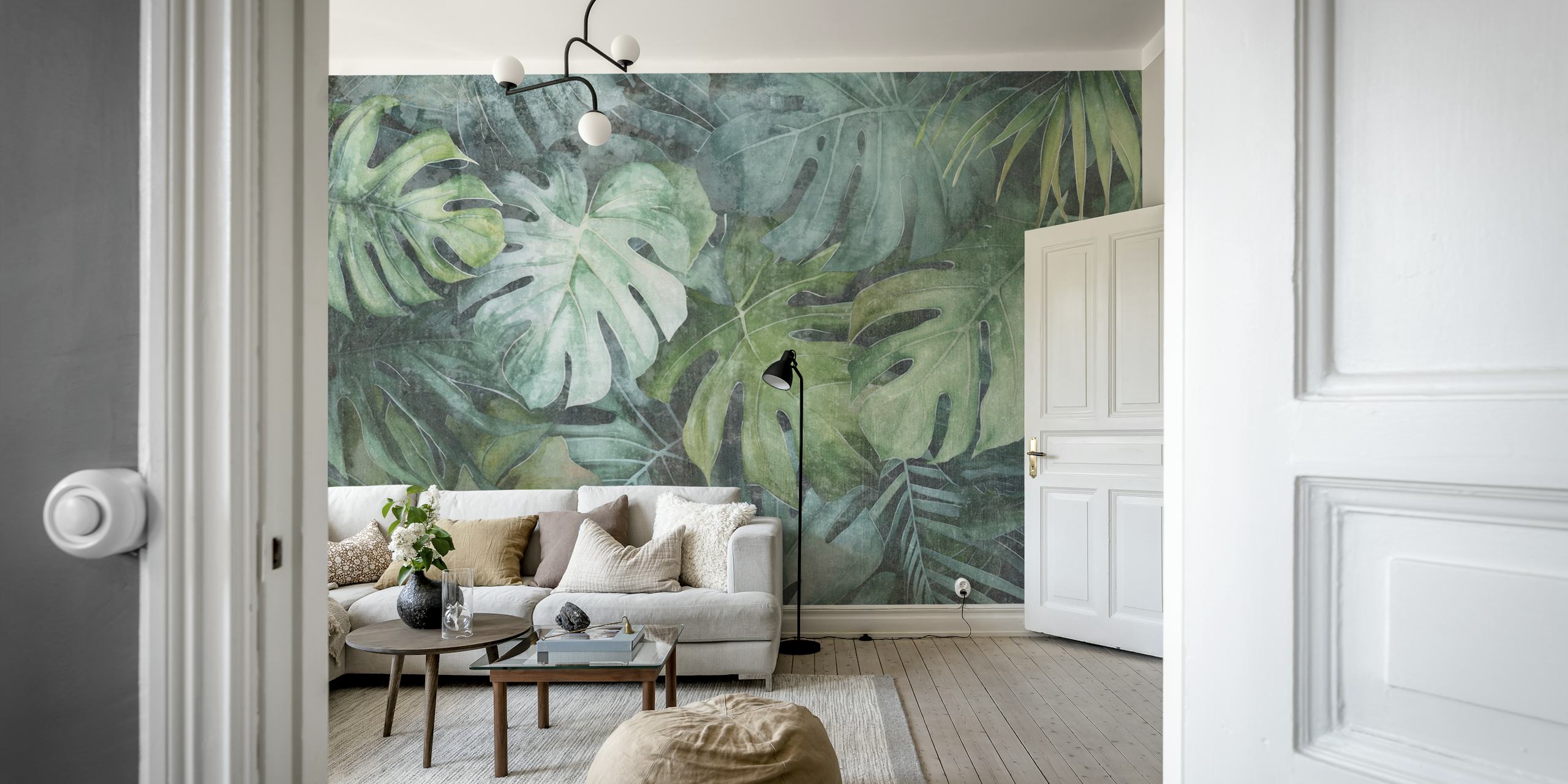 Watercolor-painted tropical jungle foliage wall mural with vivid green leaves