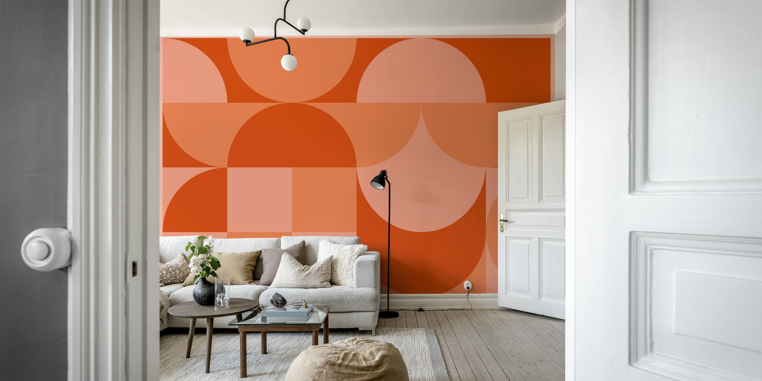 Vivid peach orange retro mosaic wallpaper in a room